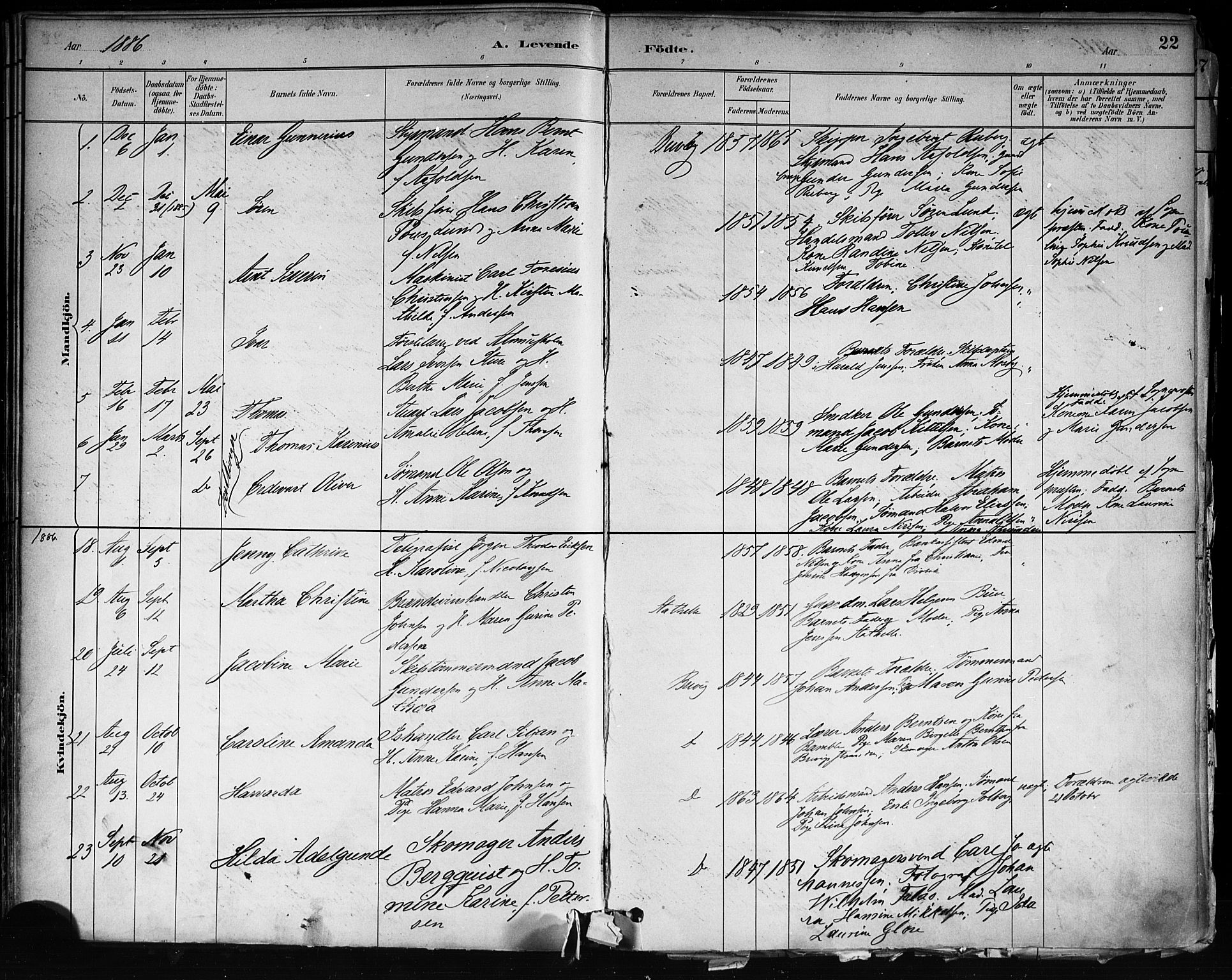 Brevik kirkebøker, AV/SAKO-A-255/F/Fa/L0007: Parish register (official) no. 7, 1882-1900, p. 22