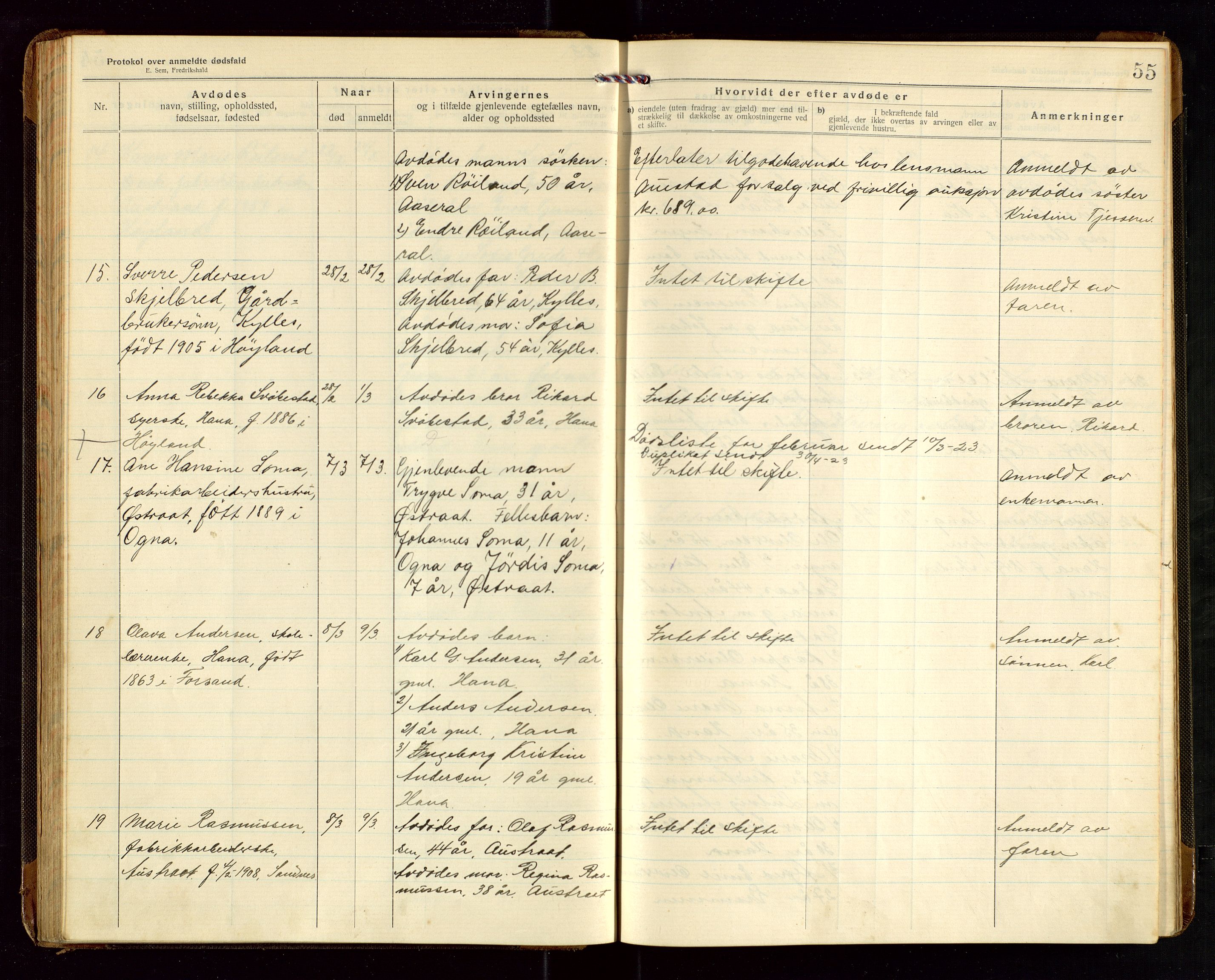 Høyland/Sandnes lensmannskontor, AV/SAST-A-100166/Gga/L0005: "Protkokol over anmeldte dødsfald i Høylands lensmandsdistrikt", 1920-1926, p. 55