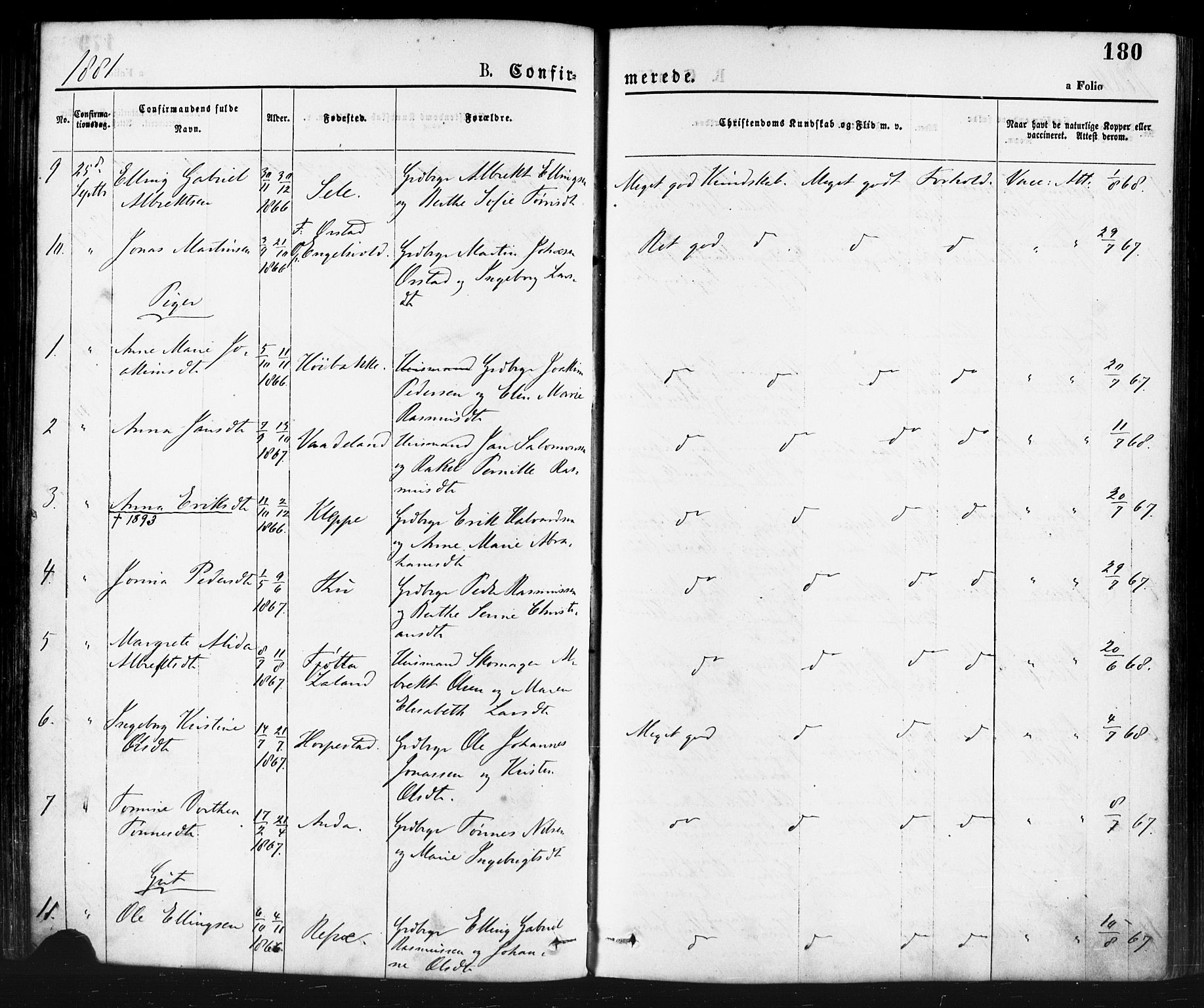 Klepp sokneprestkontor, AV/SAST-A-101803/001/3/30BA/L0006: Parish register (official) no. A 6, 1871-1885, p. 180