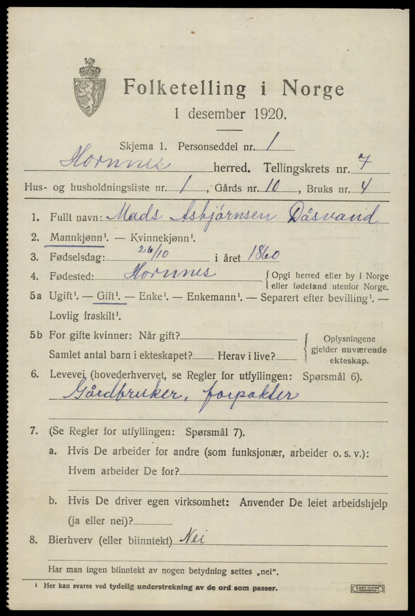 SAK, 1920 census for Hornnes, 1920, p. 1647