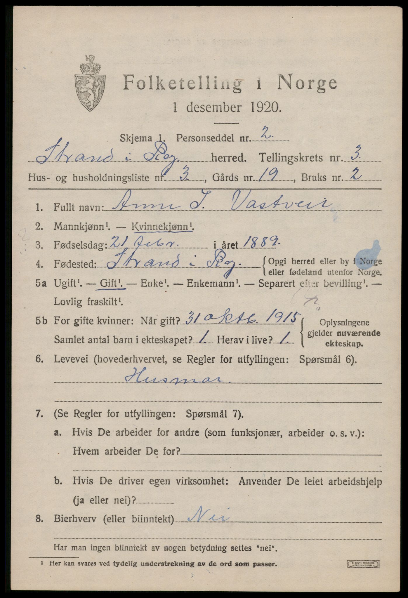 SAST, 1920 census for Strand, 1920, p. 2330