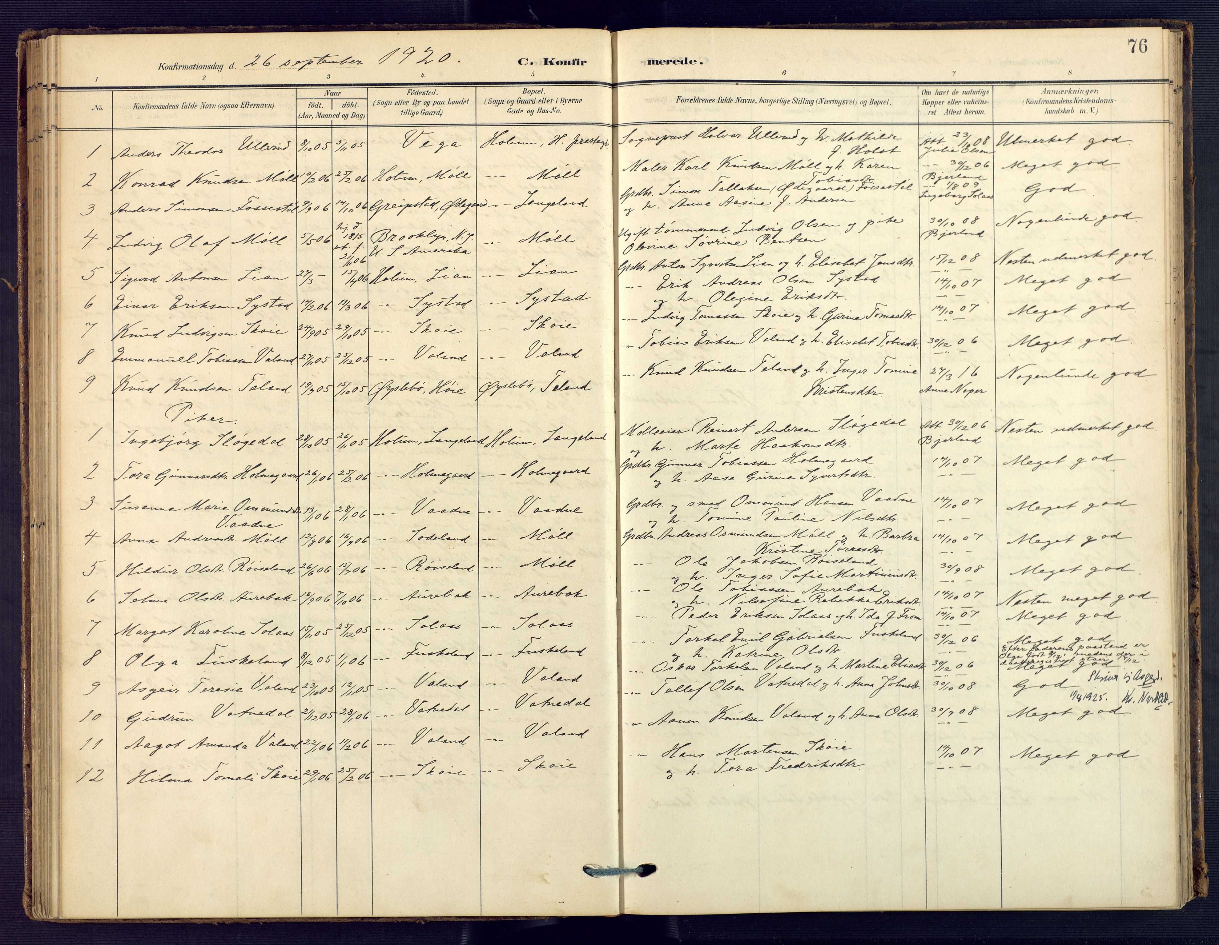 Holum sokneprestkontor, AV/SAK-1111-0022/F/Fa/Faa/L0008: Parish register (official) no. A 8, 1908-1929, p. 76