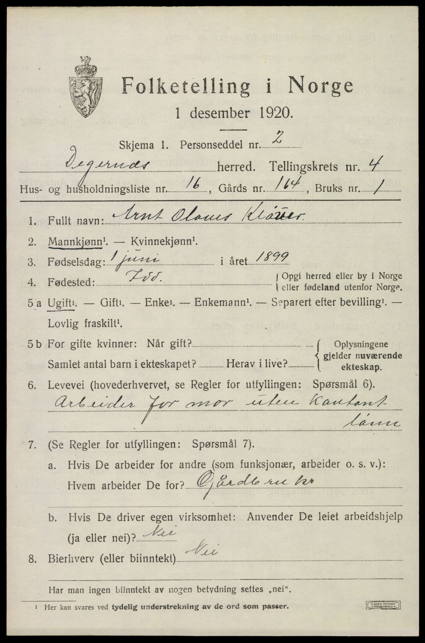 SAO, 1920 census for Degernes, 1920, p. 2478