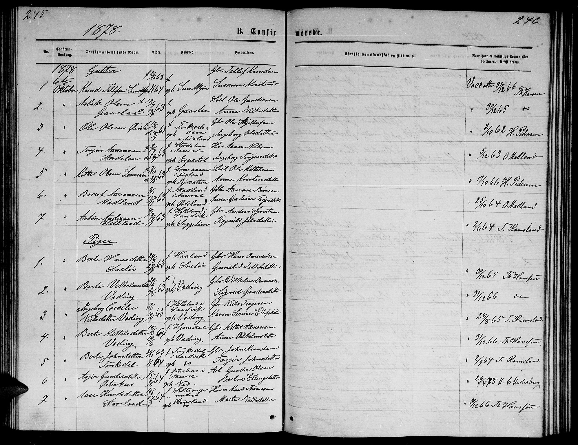 Herefoss sokneprestkontor, SAK/1111-0019/F/Fb/Fba/L0002: Parish register (copy) no. B 2, 1868-1886, p. 245-246