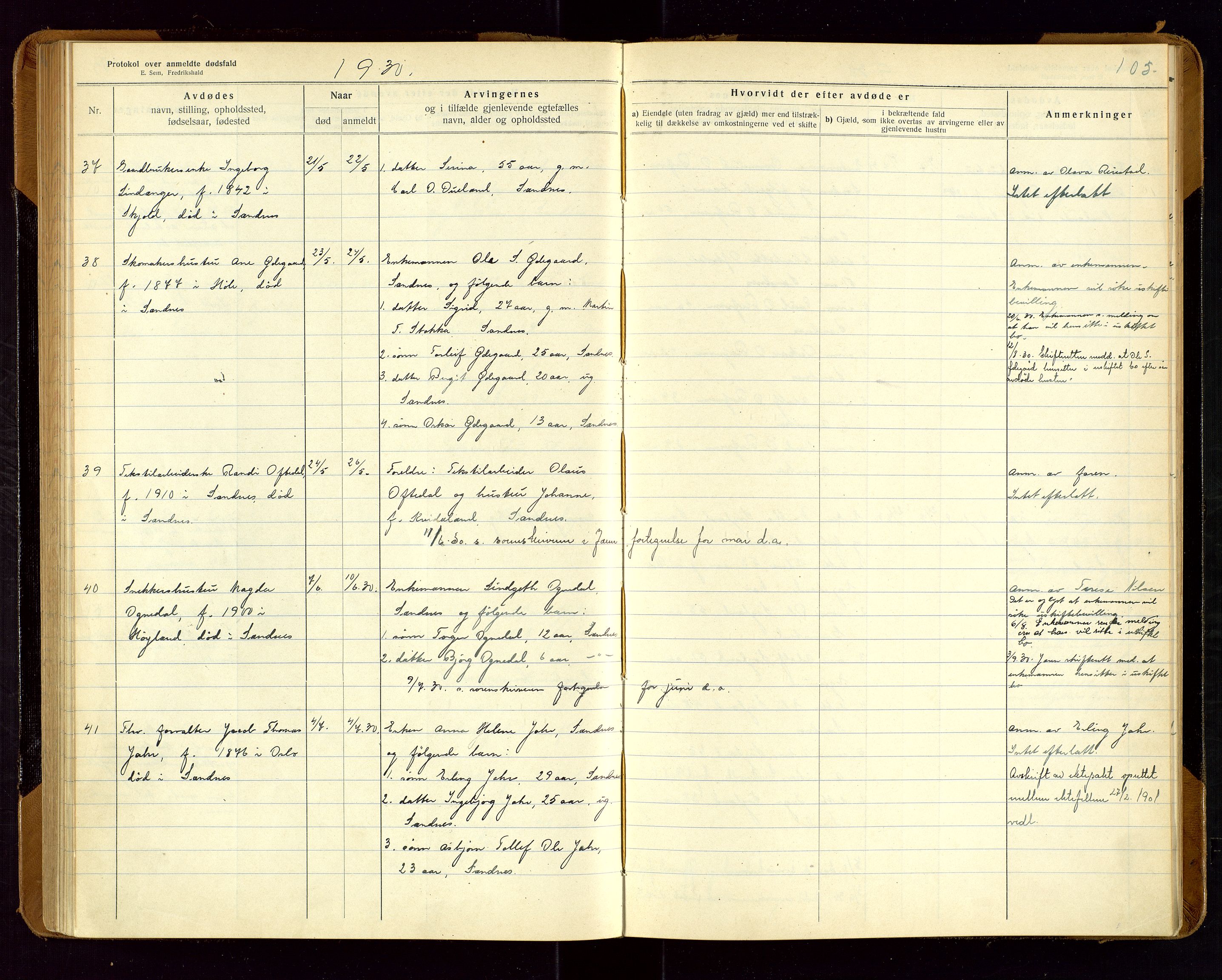Sandnes lensmannskontor, SAST/A-100167/Gga/L0001: "Protokol over anmeldte dødsfald" m/register, 1918-1940, p. 105