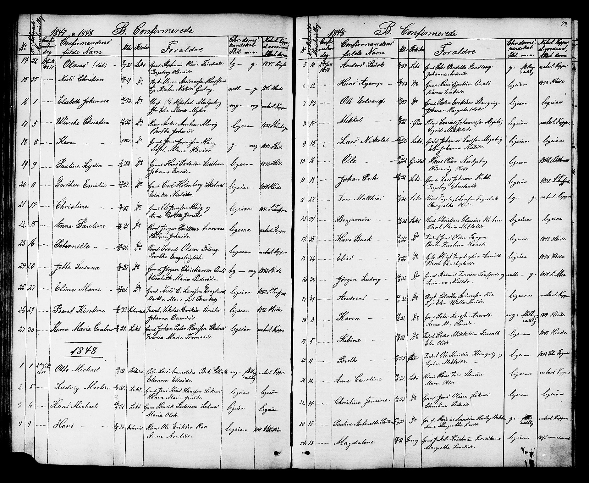 Ministerialprotokoller, klokkerbøker og fødselsregistre - Nord-Trøndelag, SAT/A-1458/788/L0695: Parish register (official) no. 788A02, 1843-1862, p. 43