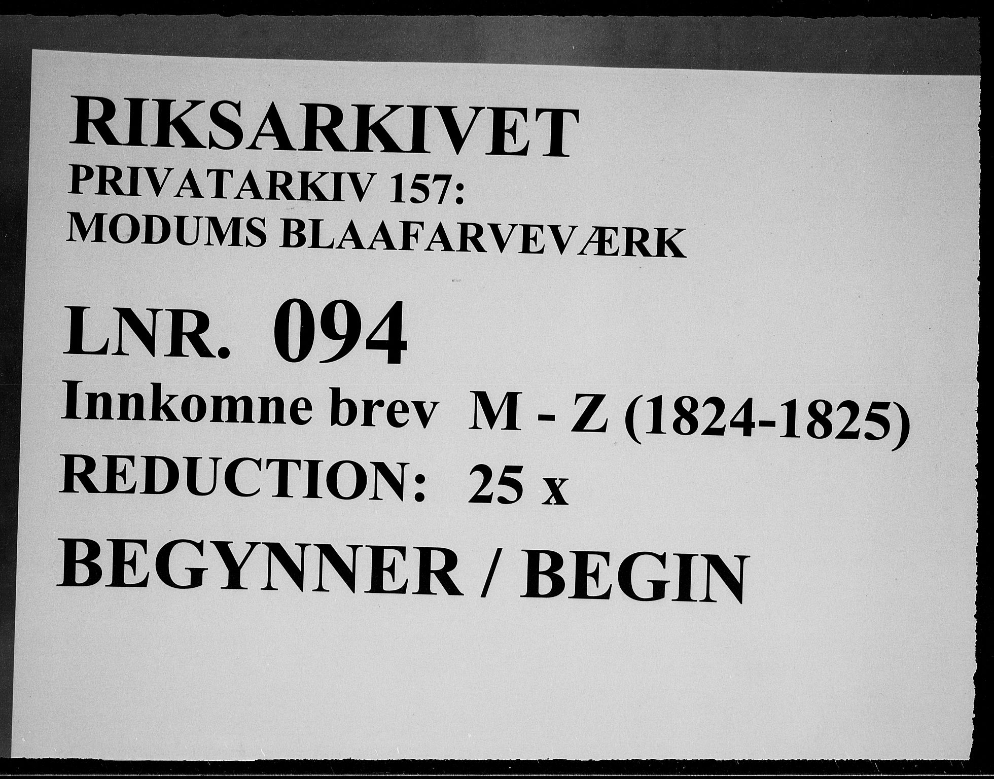 Modums Blaafarveværk, RA/PA-0157/G/Gb/L0094/0001: -- / Innkomne brev M - Z, 1824-1825, p. 1