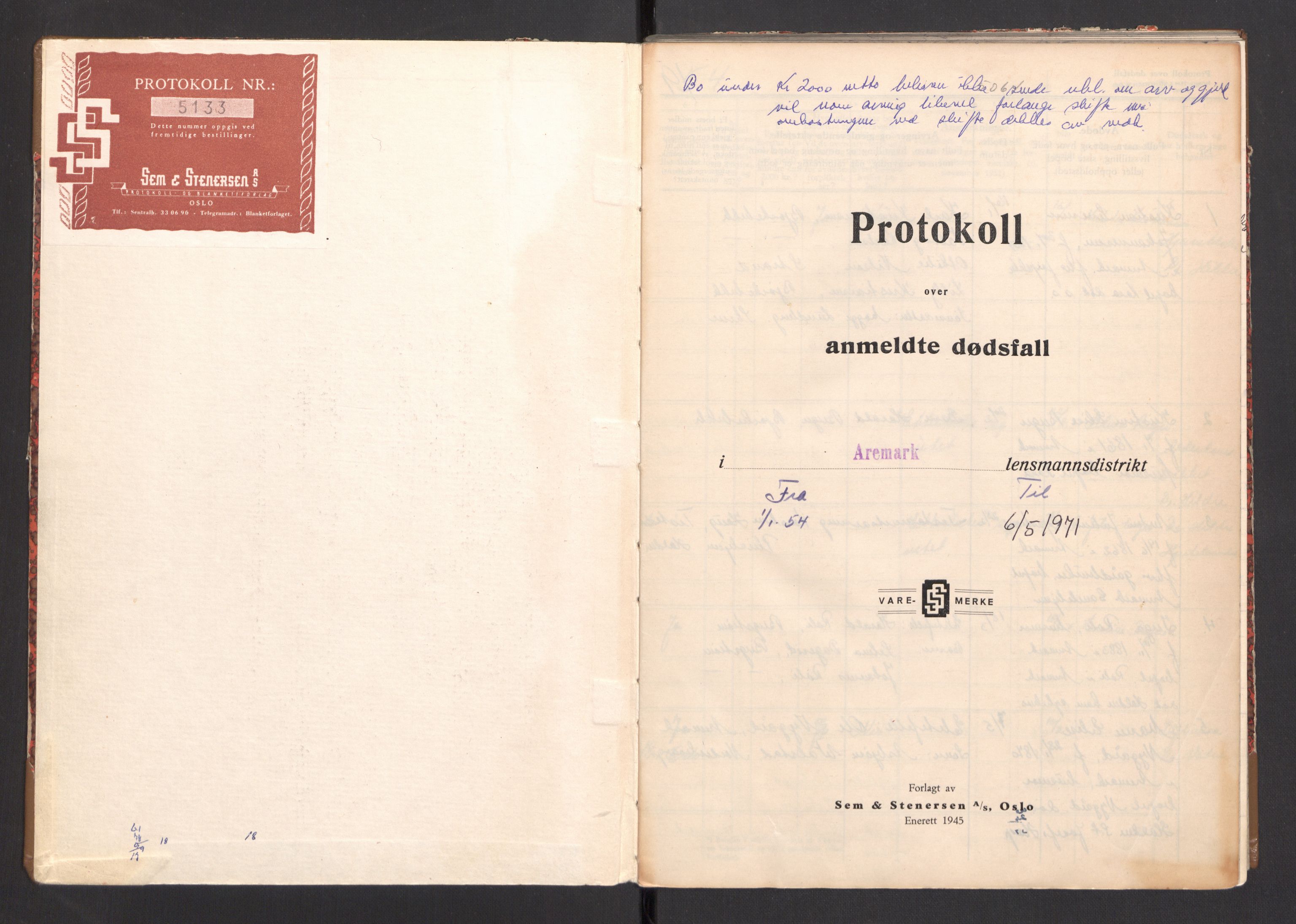 Aremark lensmannskontor, AV/SAO-A-10631/H/Ha/L0006/0001: Dødsfallsprotokoller / Dødsfallsprotokoll, 1954-1971