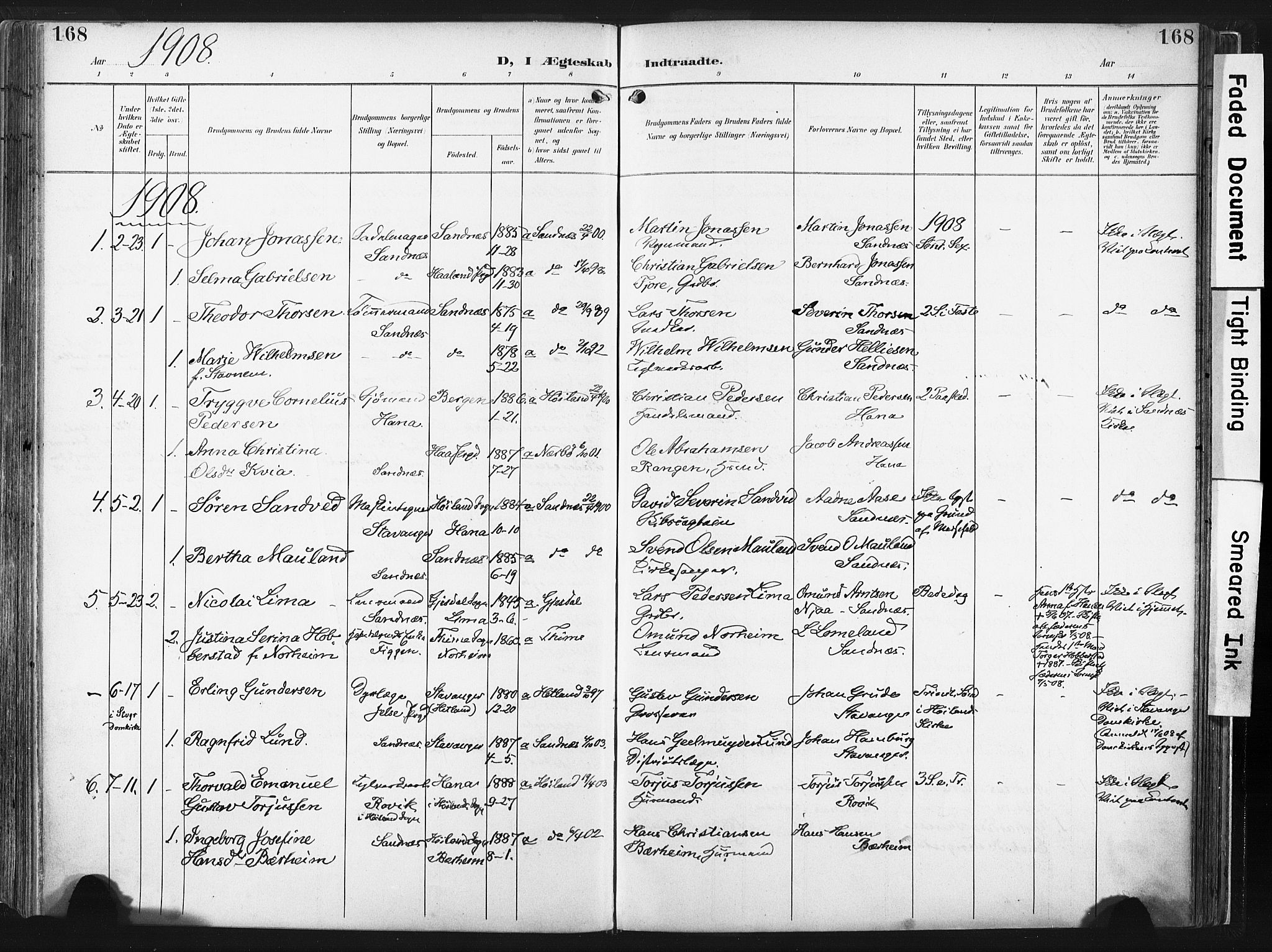 Høyland sokneprestkontor, SAST/A-101799/001/30BA/L0016: Parish register (official) no. A 16, 1899-1911, p. 168
