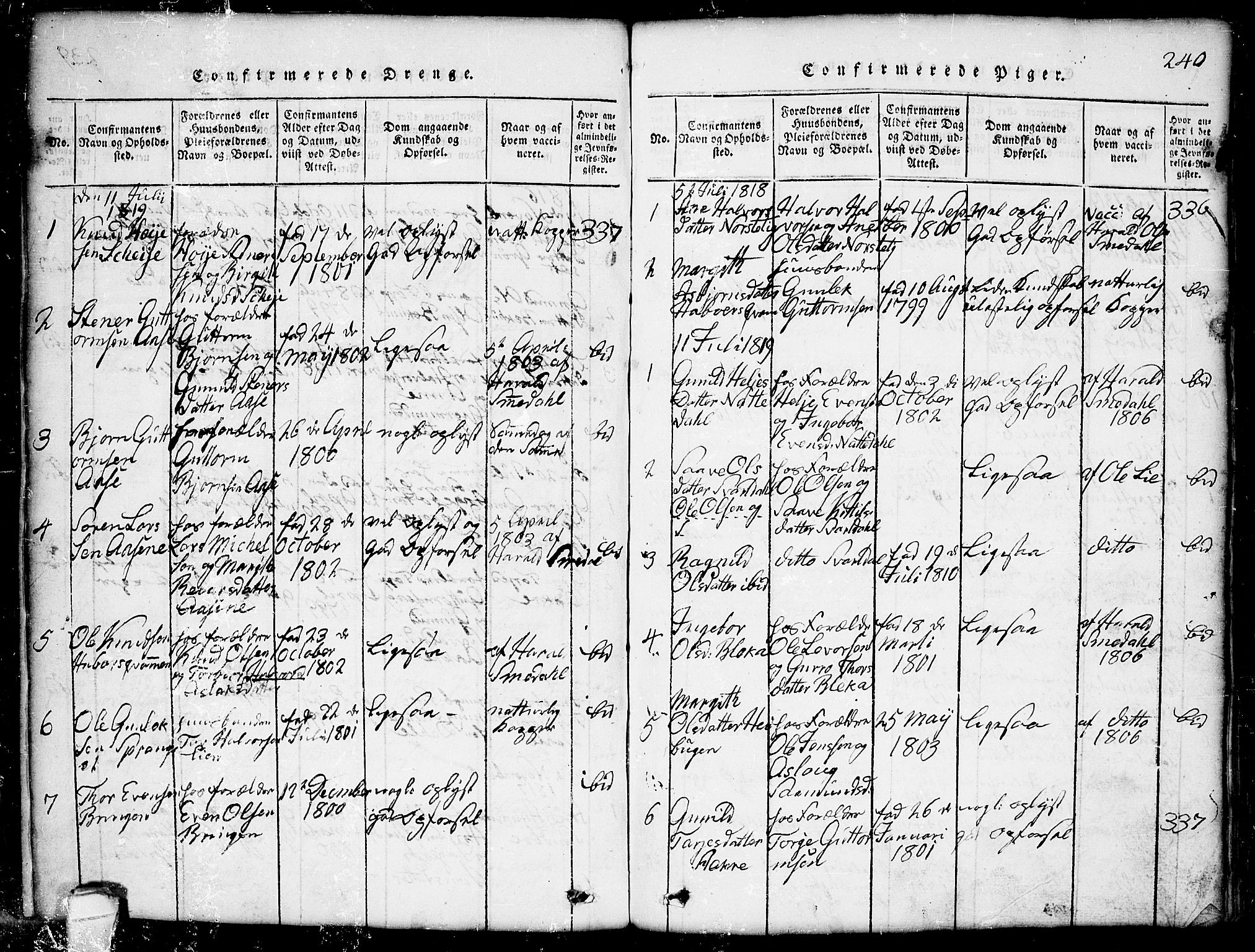 Seljord kirkebøker, SAKO/A-20/G/Gb/L0002: Parish register (copy) no. II 2, 1815-1854, p. 240