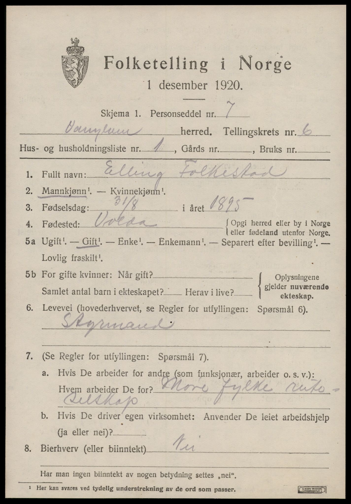 SAT, 1920 census for Vanylven, 1920, p. 3285