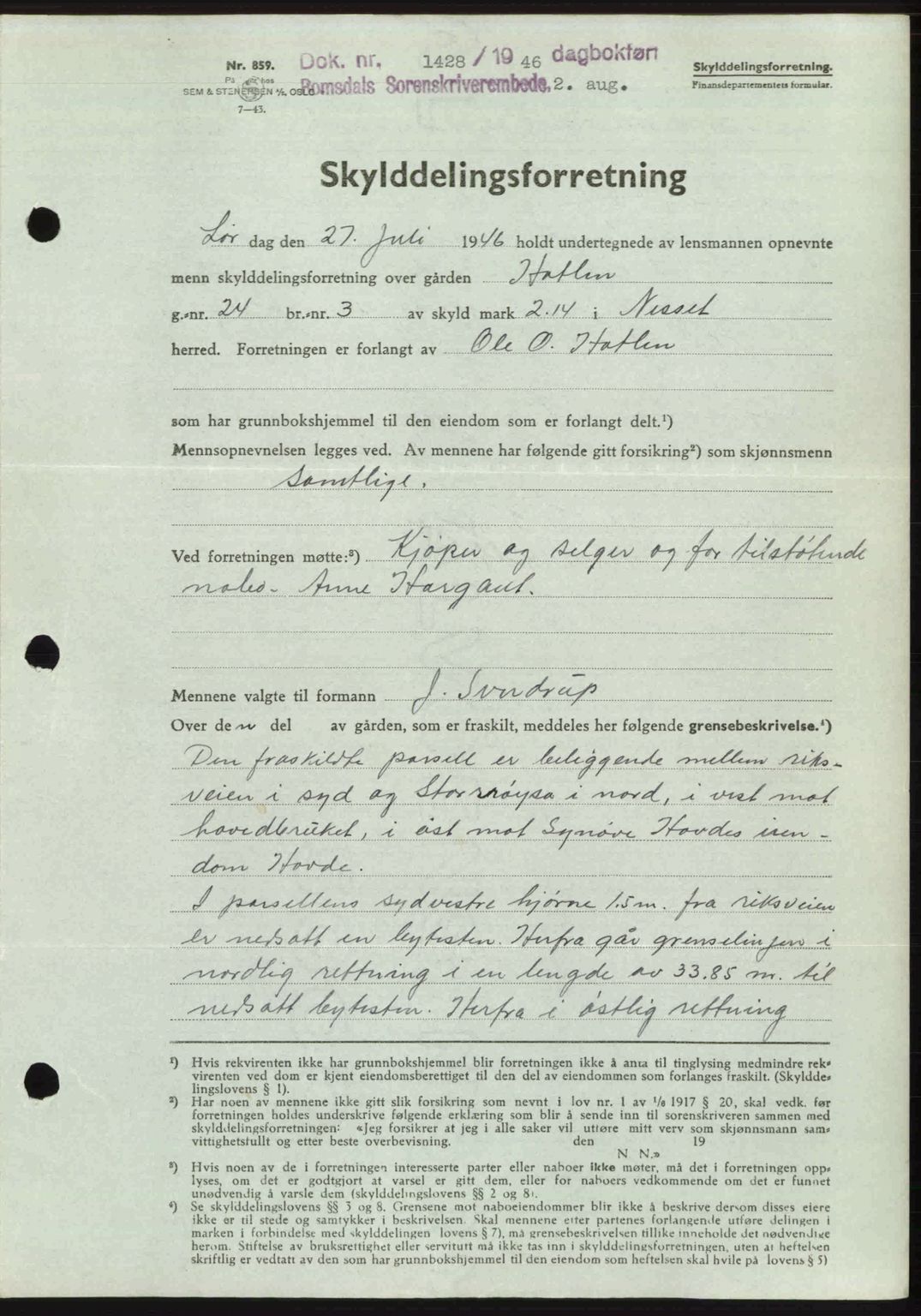 Romsdal sorenskriveri, AV/SAT-A-4149/1/2/2C: Mortgage book no. A20, 1946-1946, Diary no: : 1428/1946