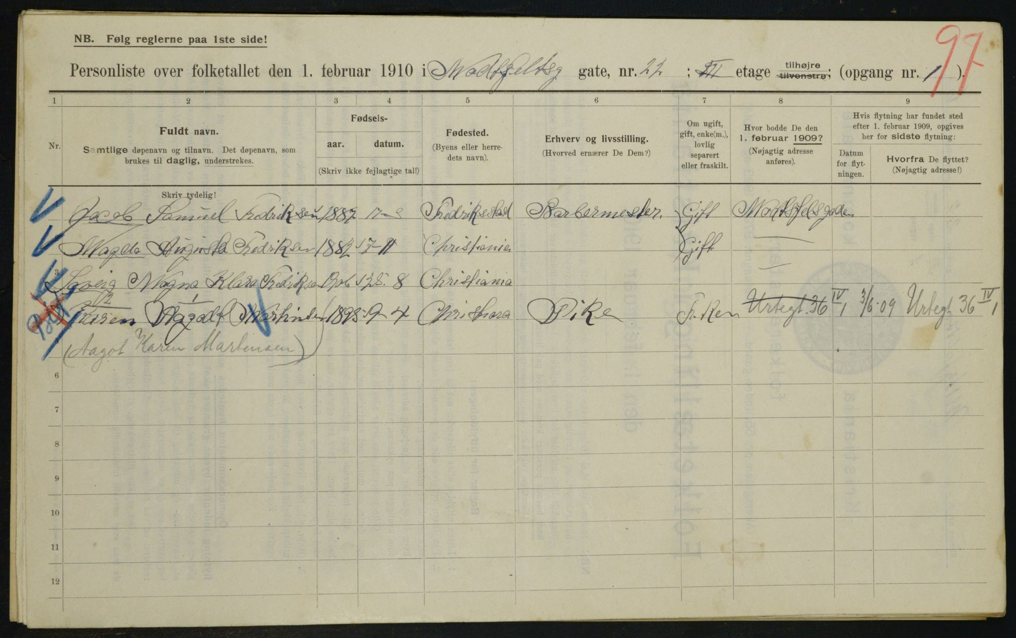 OBA, Municipal Census 1910 for Kristiania, 1910, p. 64162