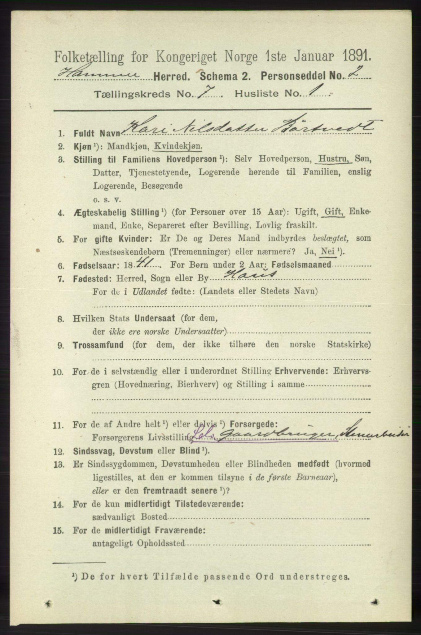 RA, 1891 census for 1254 Hamre, 1891, p. 1698