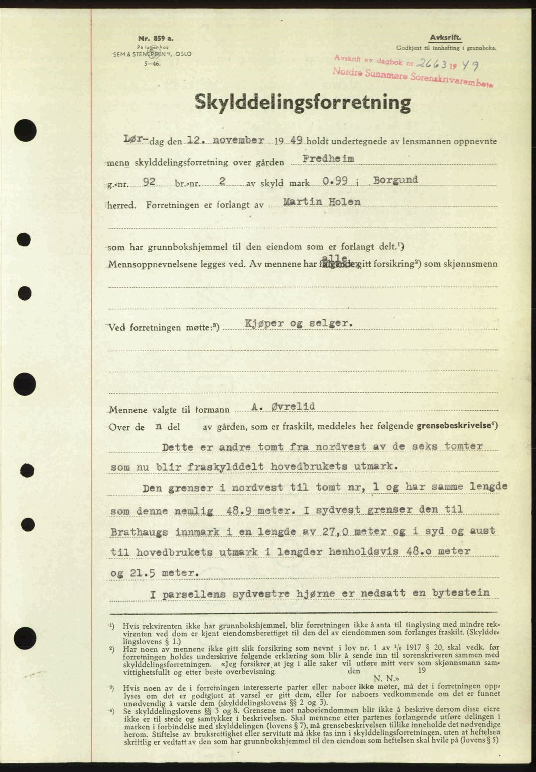 Nordre Sunnmøre sorenskriveri, AV/SAT-A-0006/1/2/2C/2Ca: Mortgage book no. A33, 1949-1950, Diary no: : 2663/1949