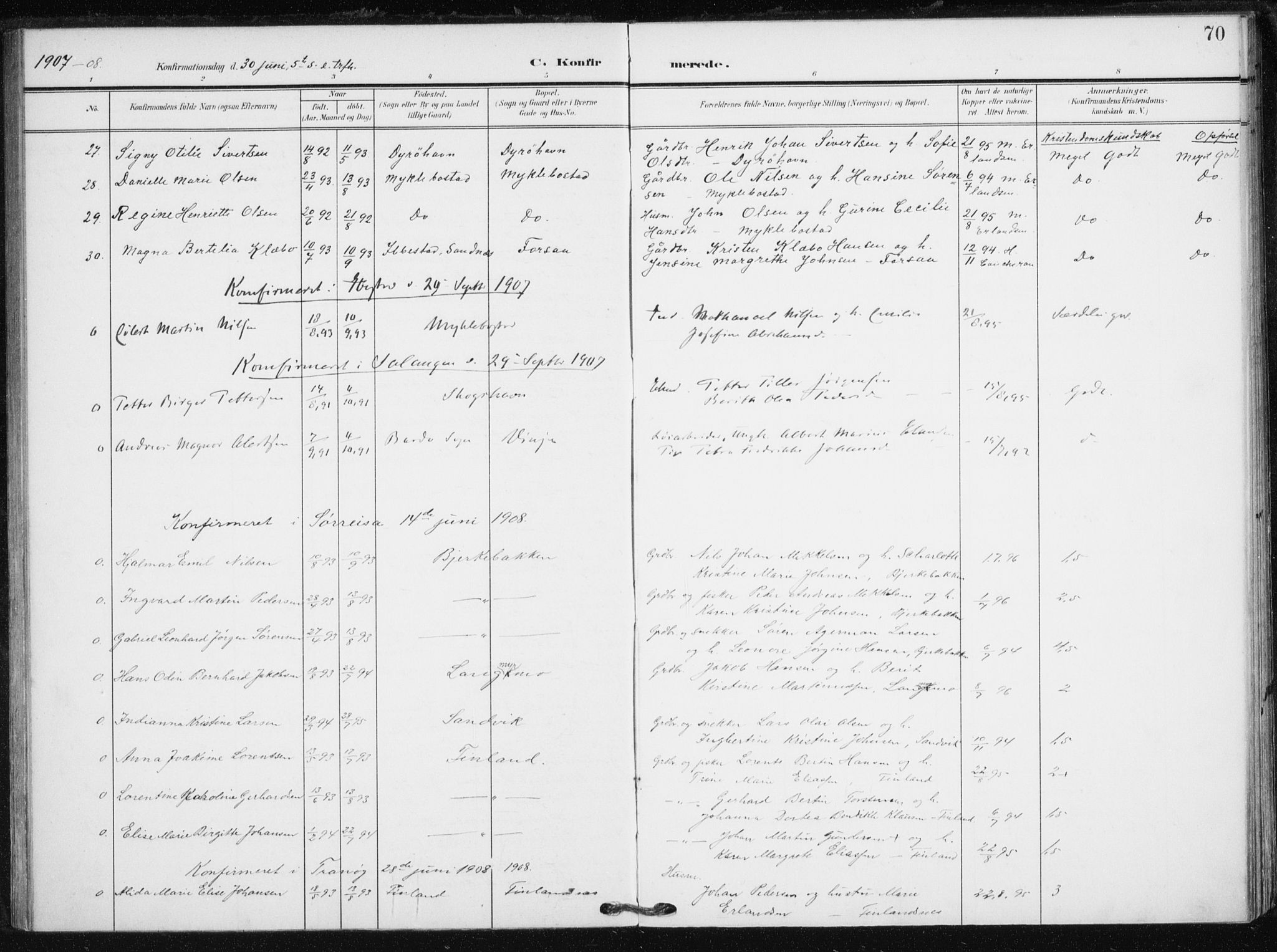 Tranøy sokneprestkontor, AV/SATØ-S-1313/I/Ia/Iaa/L0013kirke: Parish register (official) no. 13, 1905-1922, p. 70