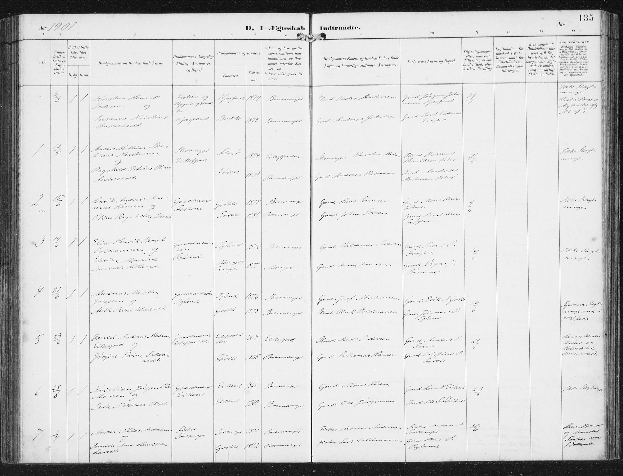 Bremanger sokneprestembete, SAB/A-82201/H/Haa/Haab/L0002: Parish register (official) no. B  2, 1896-1908, p. 135