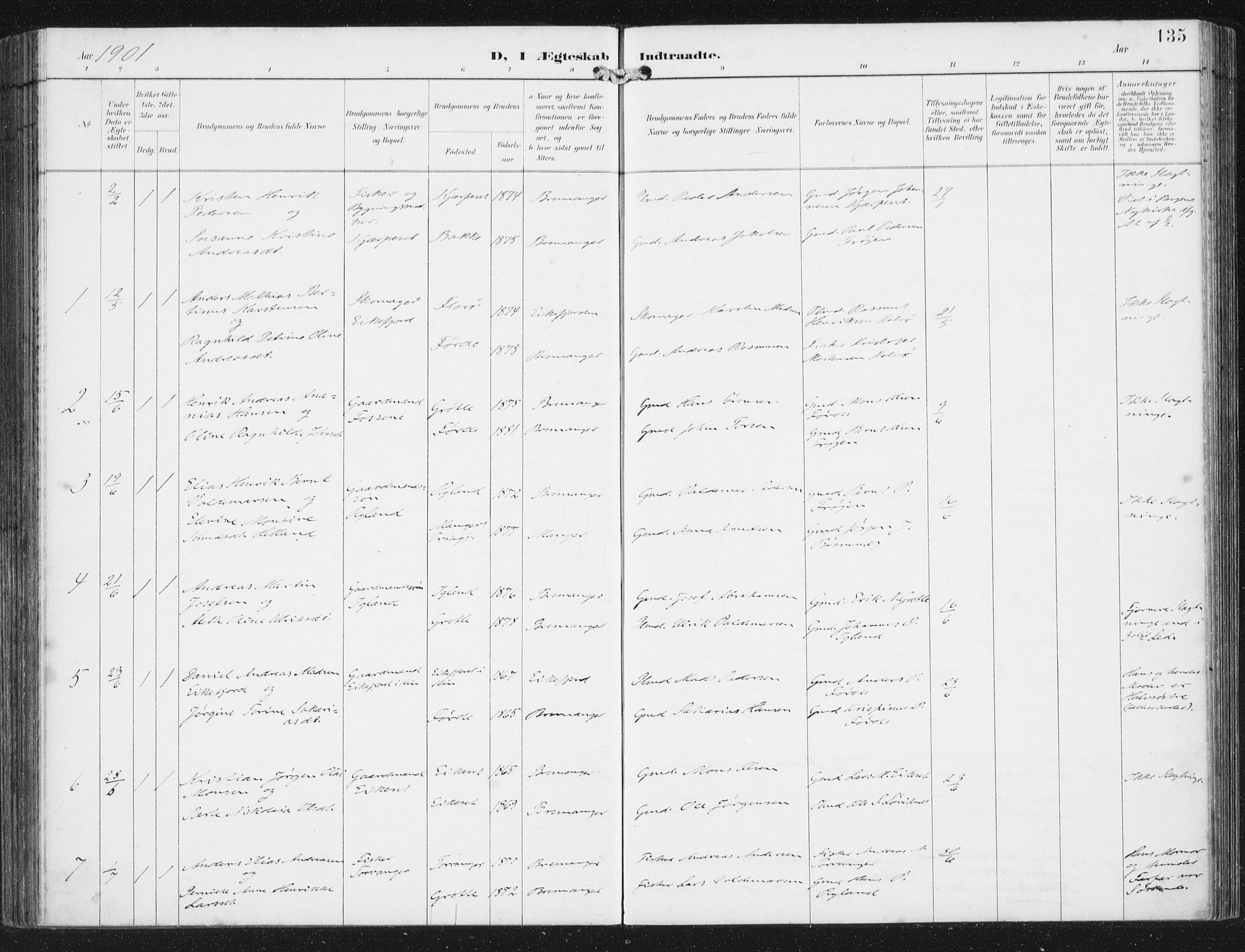 Bremanger sokneprestembete, AV/SAB-A-82201/H/Haa/Haab/L0002: Parish register (official) no. B  2, 1896-1908, p. 135