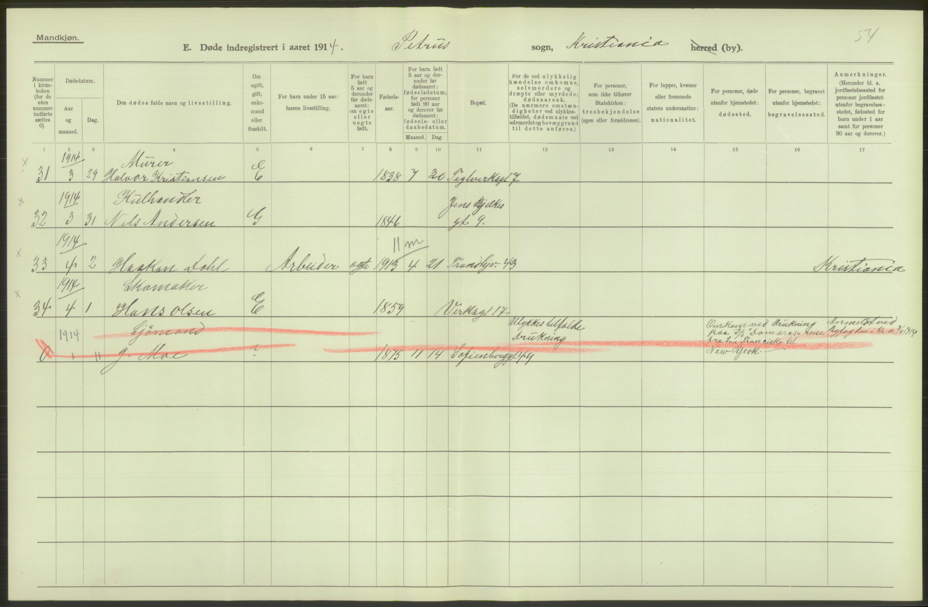 Statistisk sentralbyrå, Sosiodemografiske emner, Befolkning, AV/RA-S-2228/D/Df/Dfb/Dfbd/L0008: Kristiania: Døde, 1914, p. 346