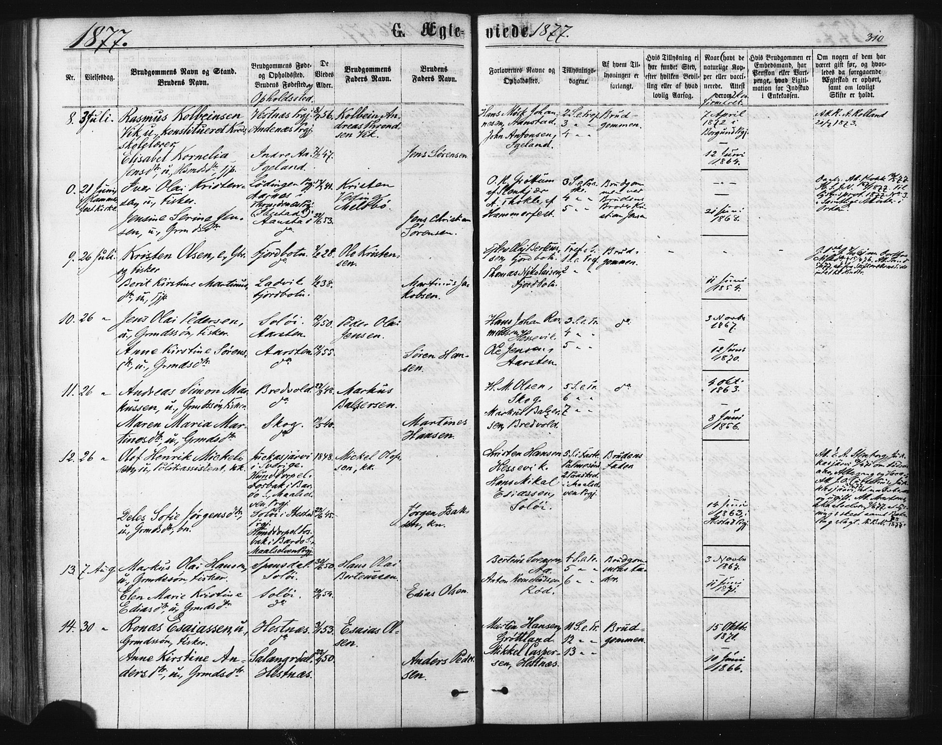 Ibestad sokneprestembete, SATØ/S-0077/H/Ha/Haa/L0010kirke: Parish register (official) no. 10, 1869-1879, p. 310