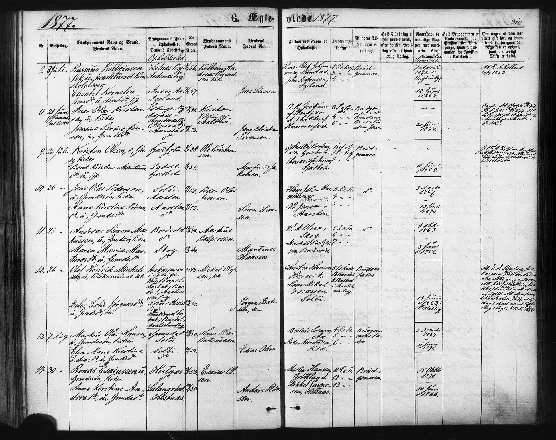 Ibestad sokneprestembete, AV/SATØ-S-0077/H/Ha/Haa/L0010kirke: Parish register (official) no. 10, 1869-1879, p. 310