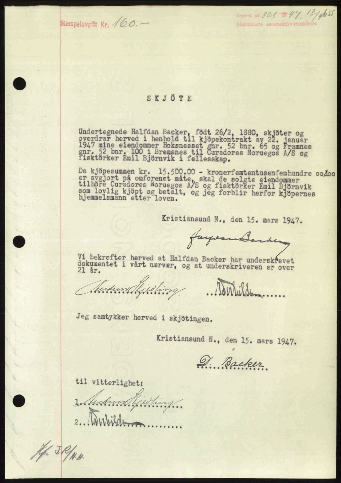 Nordmøre sorenskriveri, AV/SAT-A-4132/1/2/2Ca: Mortgage book no. A104, 1947-1947, Diary no: : 868/1947