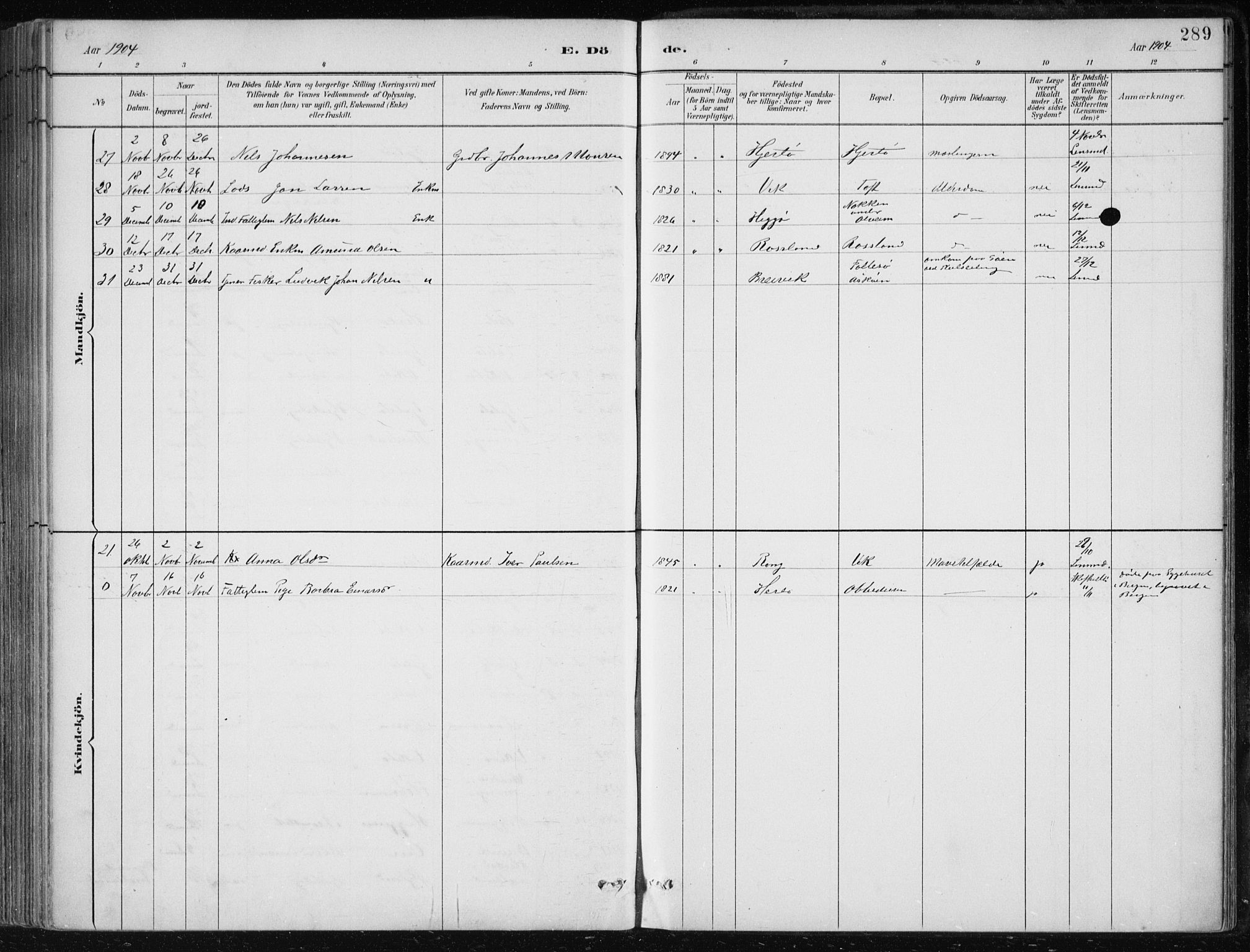 Herdla Sokneprestembete, AV/SAB-A-75701/H/Haa: Parish register (official) no. A 4, 1891-1905, p. 289