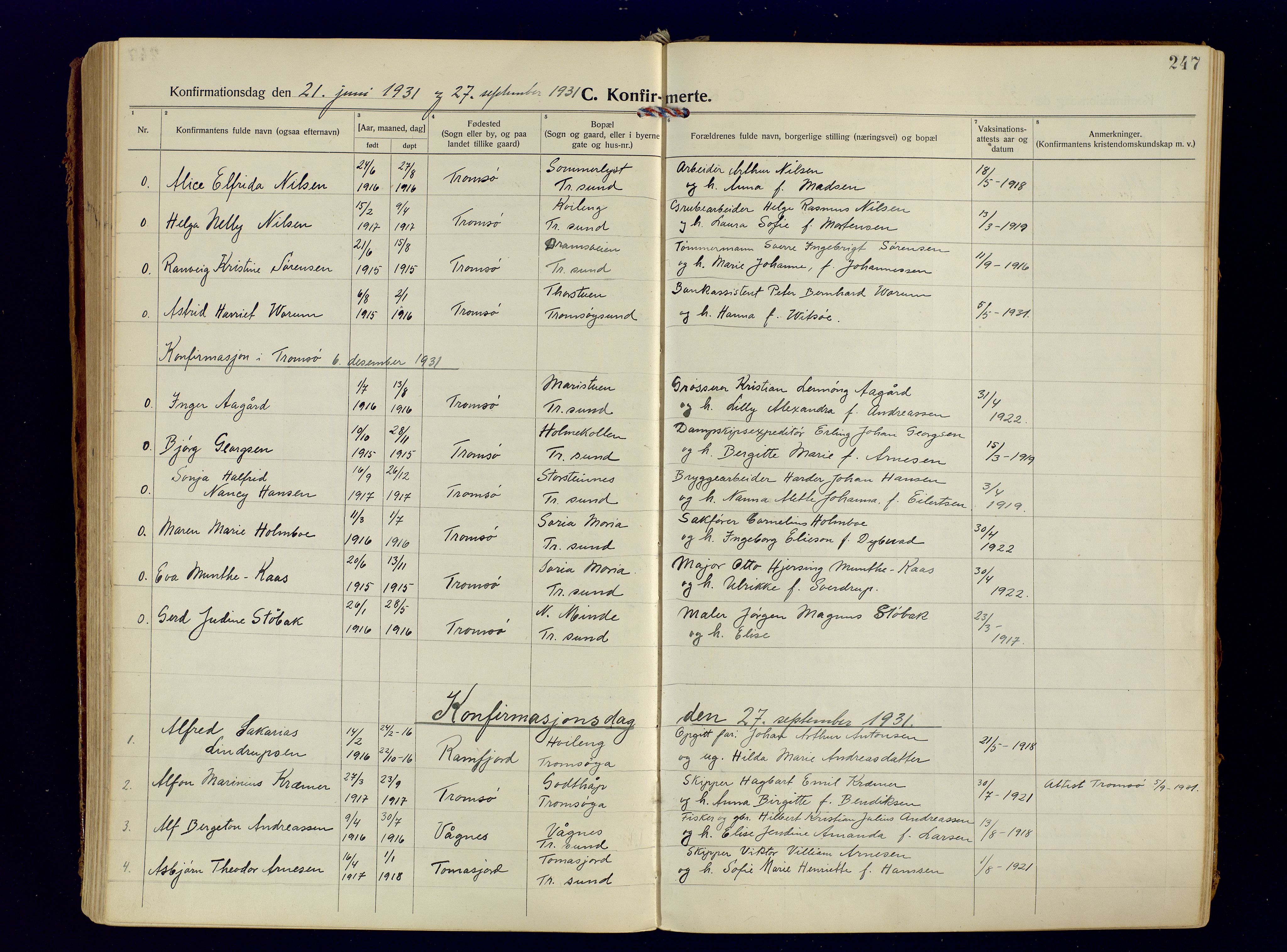 Tromsøysund sokneprestkontor, AV/SATØ-S-1304/G/Ga/L0009kirke: Parish register (official) no. 9, 1922-1934, p. 247