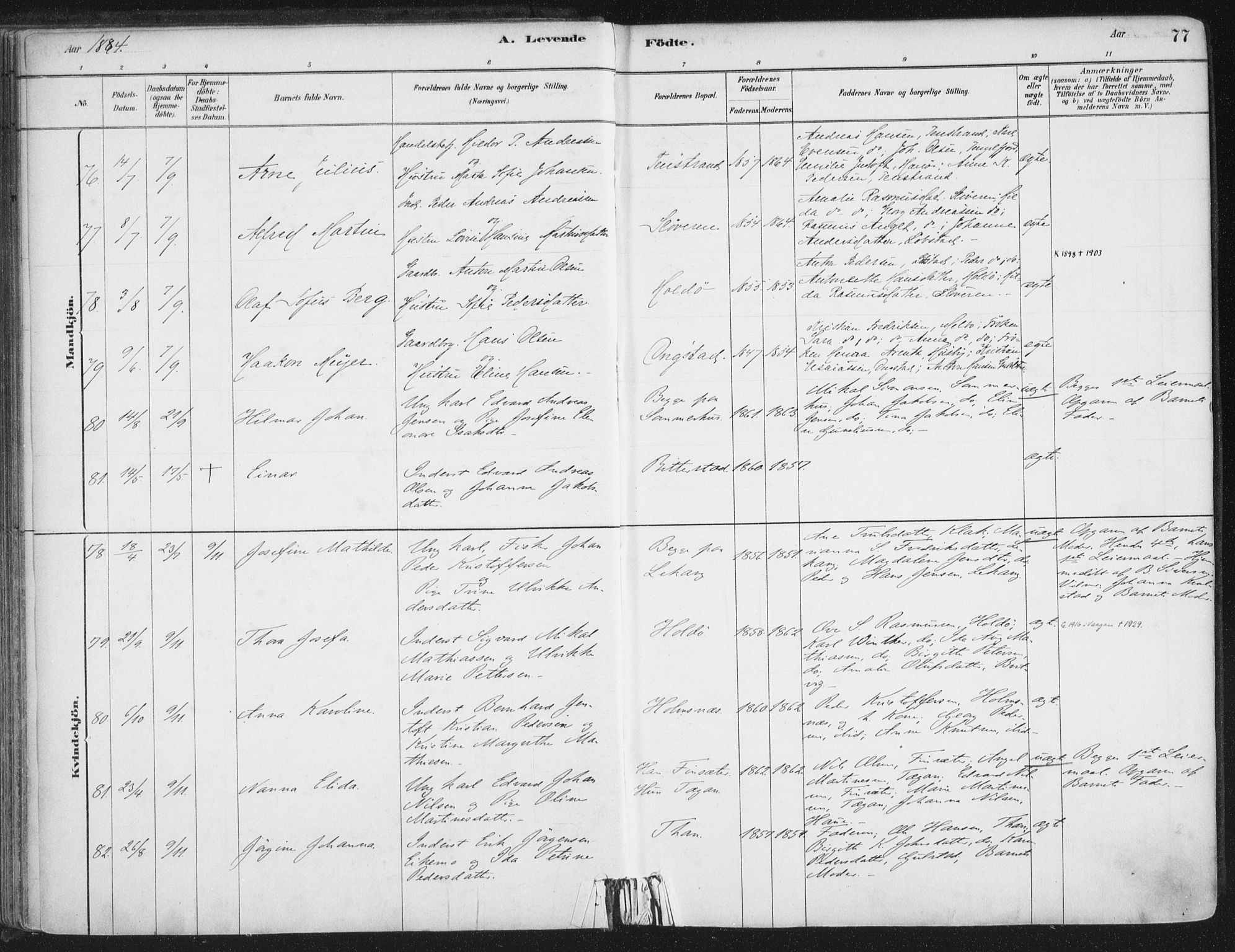 Ministerialprotokoller, klokkerbøker og fødselsregistre - Nordland, AV/SAT-A-1459/888/L1244: Parish register (official) no. 888A10, 1880-1890, p. 77