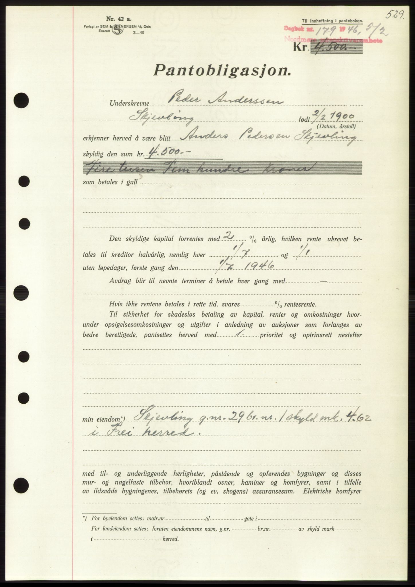 Nordmøre sorenskriveri, AV/SAT-A-4132/1/2/2Ca: Mortgage book no. B93b, 1946-1946, Diary no: : 179/1946