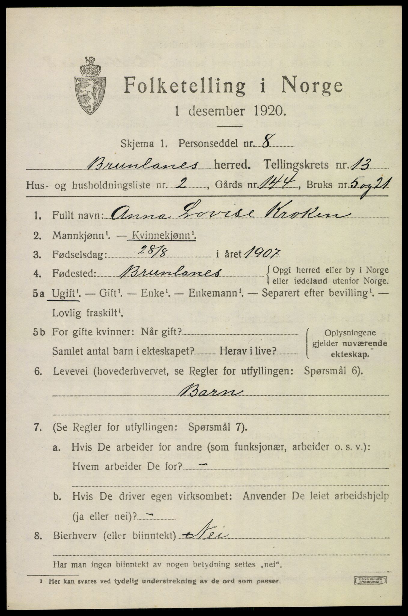 SAKO, 1920 census for Brunlanes, 1920, p. 10813