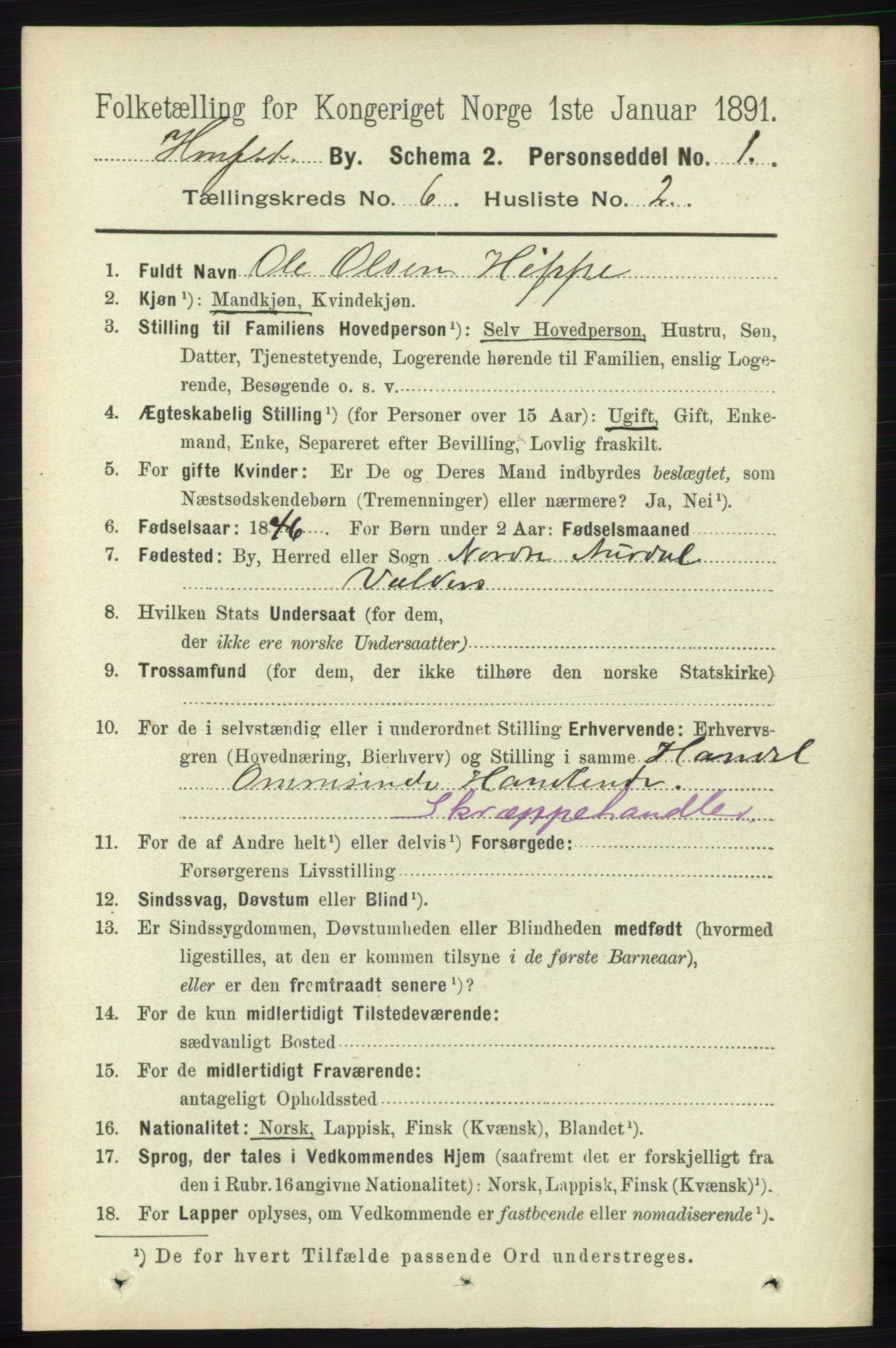 RA, 1891 census for 2001 Hammerfest, 1891, p. 1710