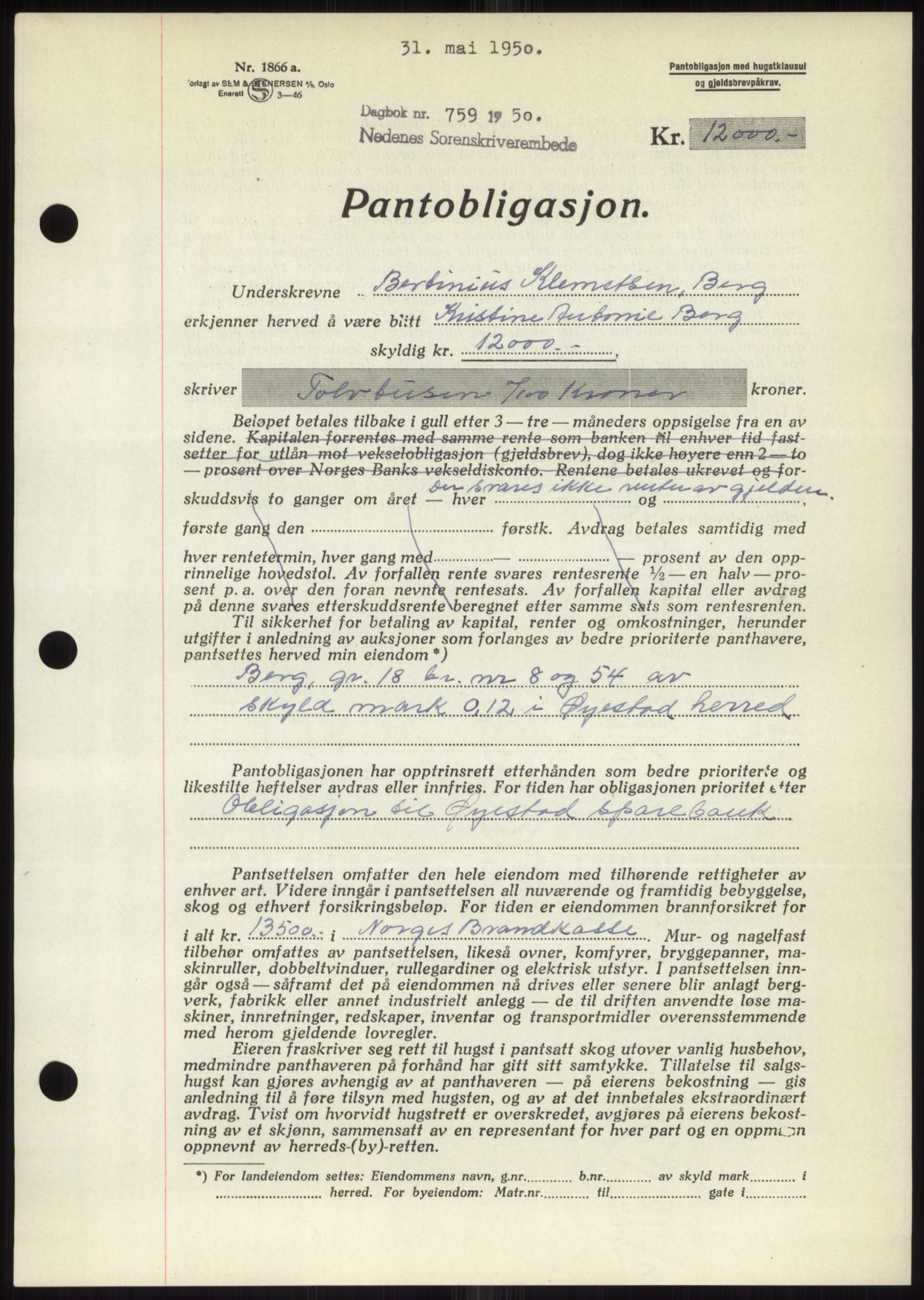 Nedenes sorenskriveri, AV/SAK-1221-0006/G/Gb/Gbb/L0007: Mortgage book no. B7, 1949-1950, Diary no: : 759/1950