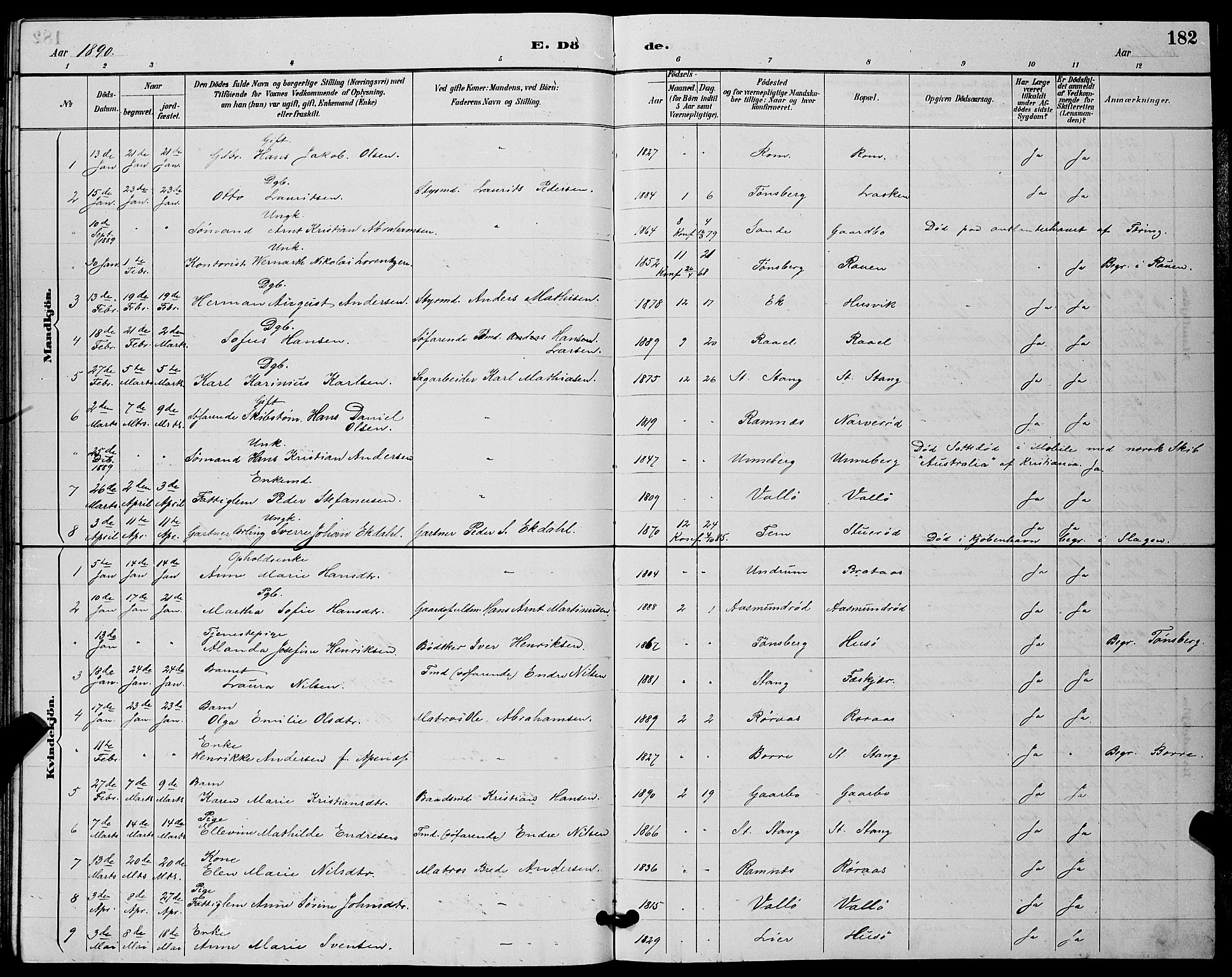 Sem kirkebøker, AV/SAKO-A-5/G/Gb/L0002: Parish register (copy) no. II 2, 1886-1899, p. 182