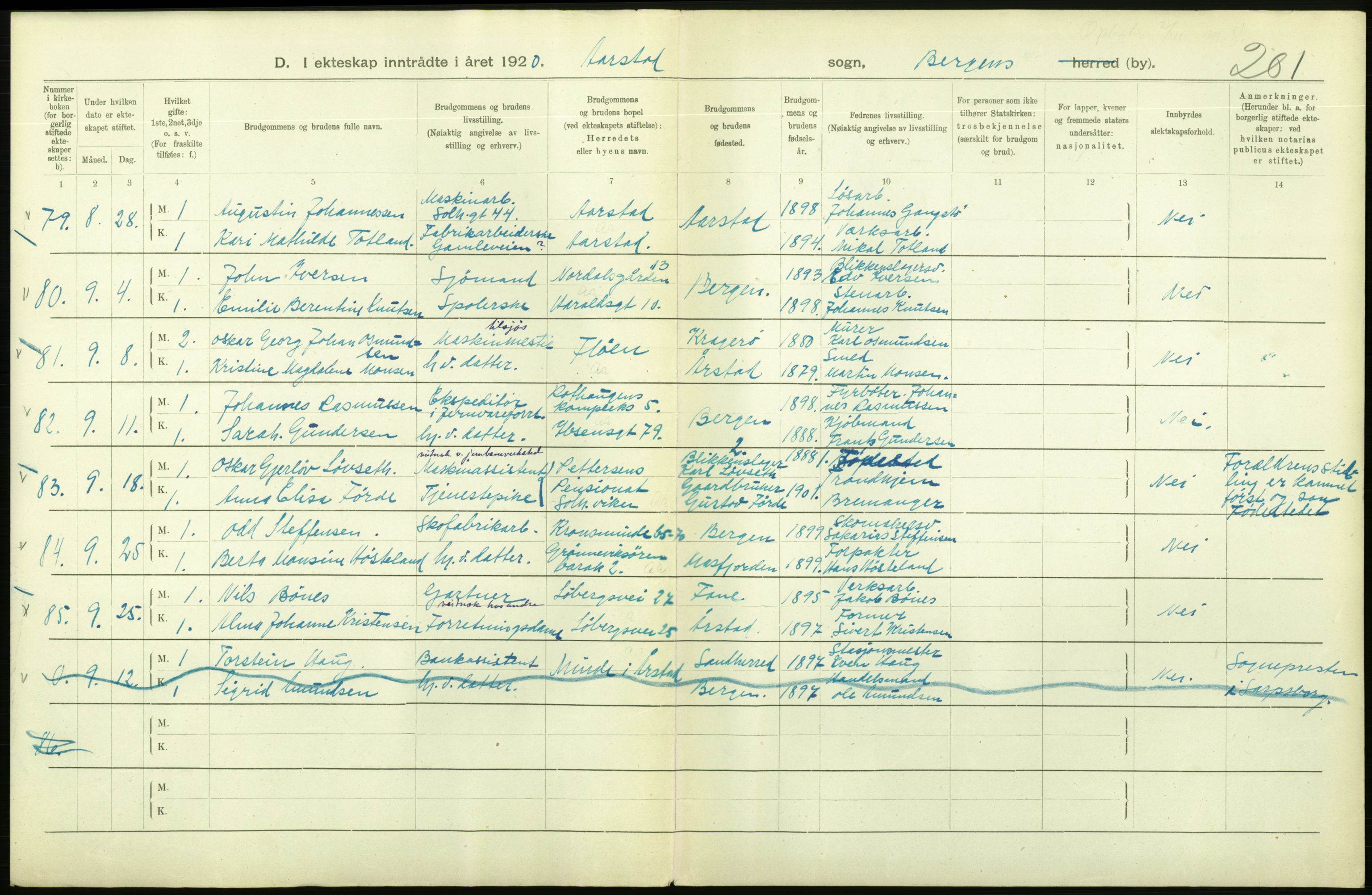 Statistisk sentralbyrå, Sosiodemografiske emner, Befolkning, AV/RA-S-2228/D/Df/Dfb/Dfbj/L0042: Bergen: Gifte, døde, dødfødte., 1920, p. 36