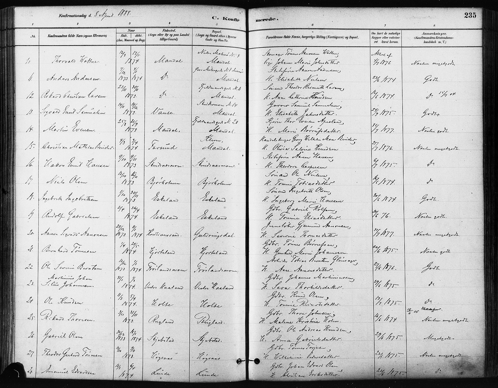 Mandal sokneprestkontor, SAK/1111-0030/F/Fa/Faa/L0016: Parish register (official) no. A 16, 1880-1890, p. 235