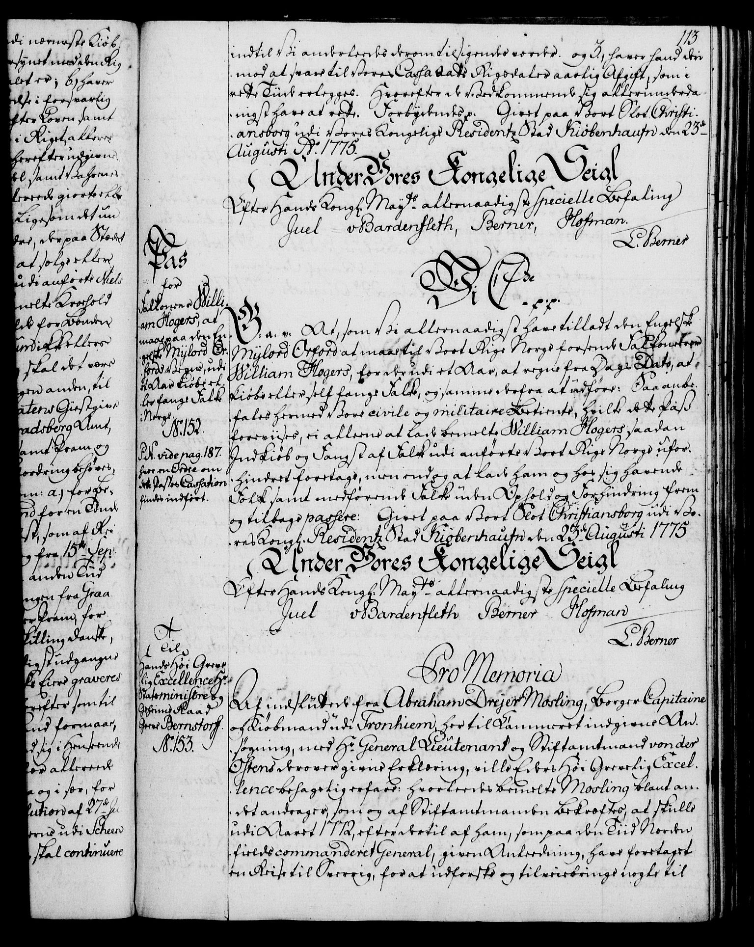 Rentekammeret, Kammerkanselliet, AV/RA-EA-3111/G/Gg/Gga/L0010: Norsk ekspedisjonsprotokoll med register (merket RK 53.10), 1773-1778, p. 113