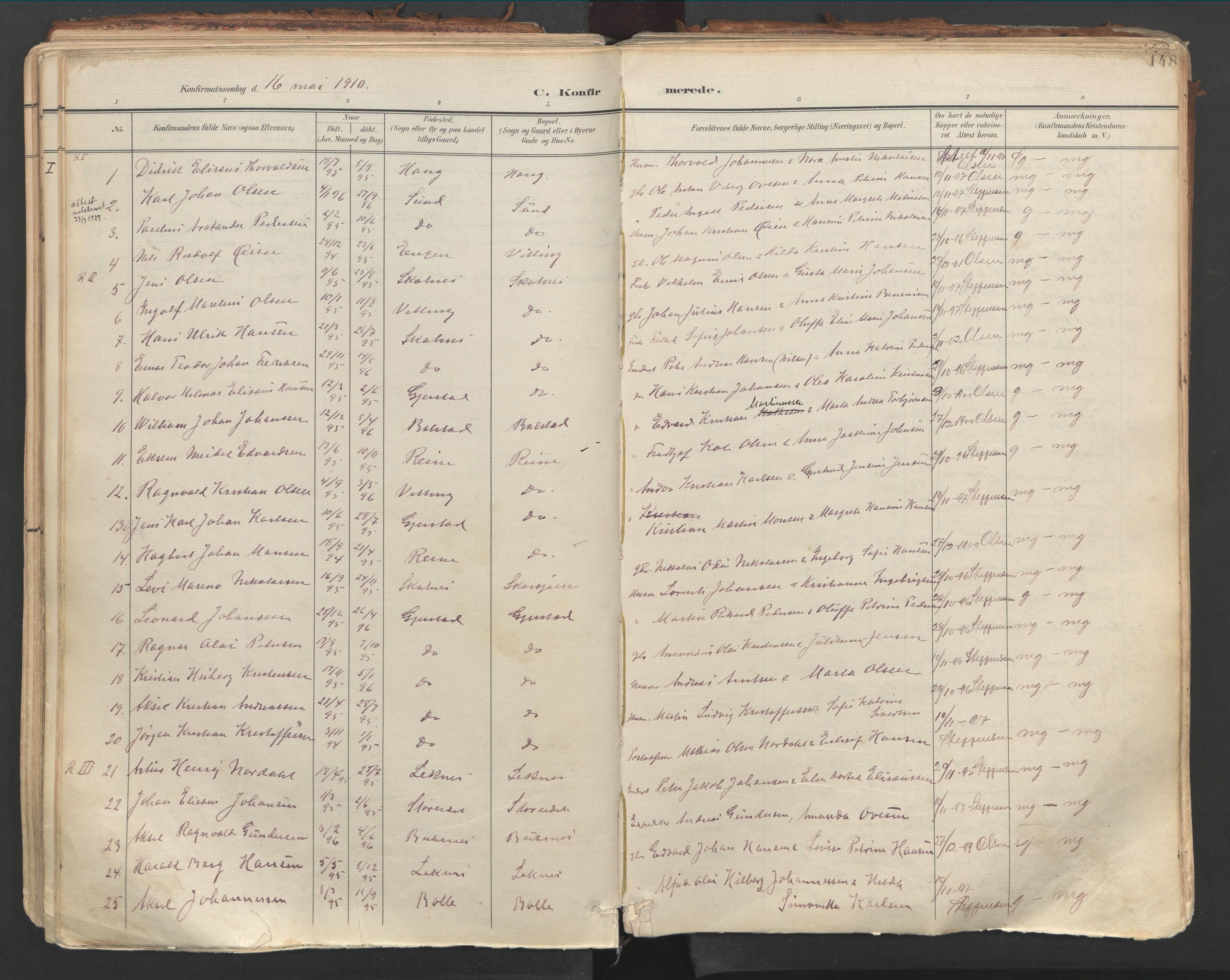 Ministerialprotokoller, klokkerbøker og fødselsregistre - Nordland, SAT/A-1459/881/L1154: Parish register (official) no. 881A07, 1907-1918, p. 148