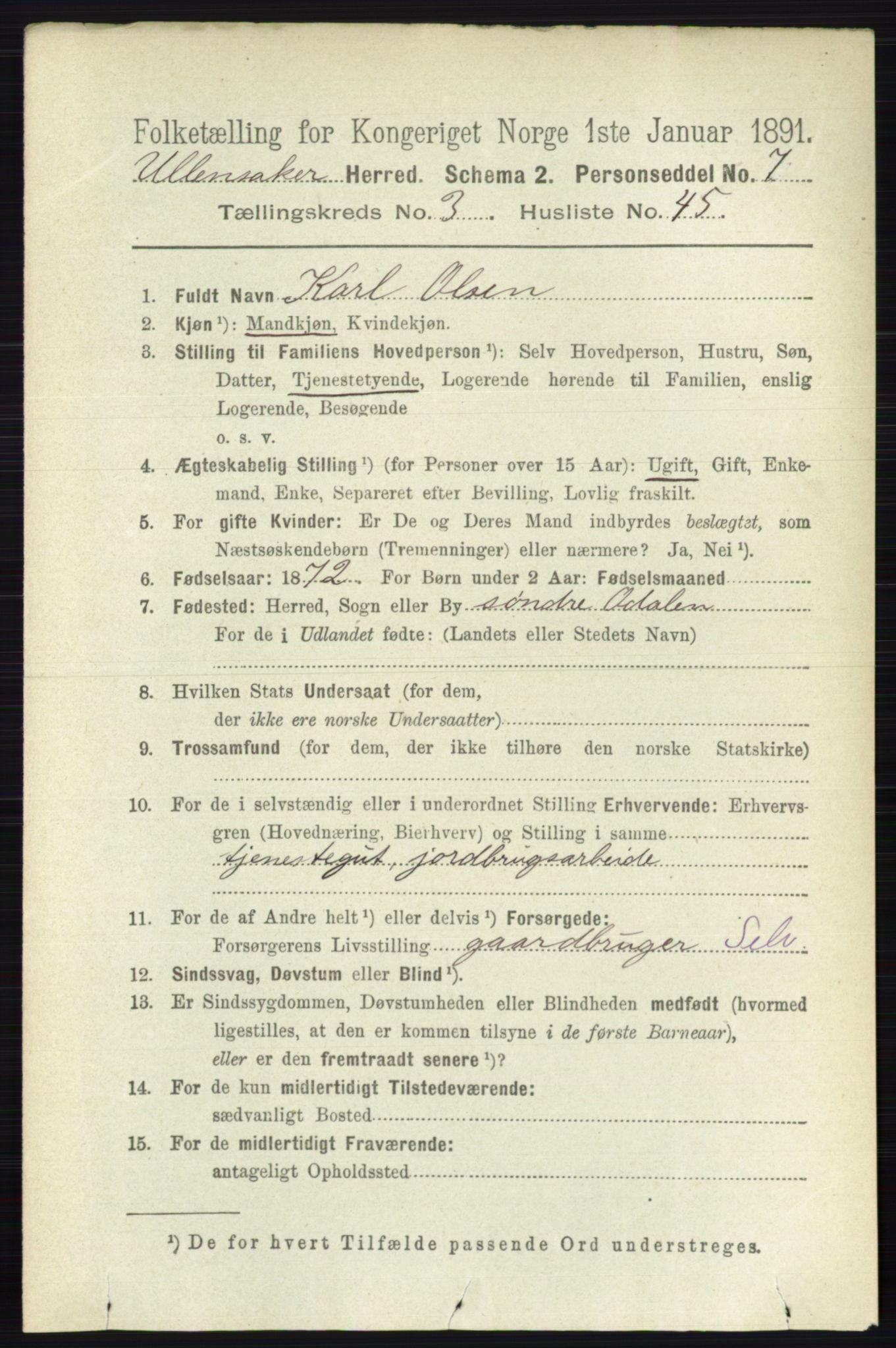 RA, 1891 census for 0235 Ullensaker, 1891, p. 1384