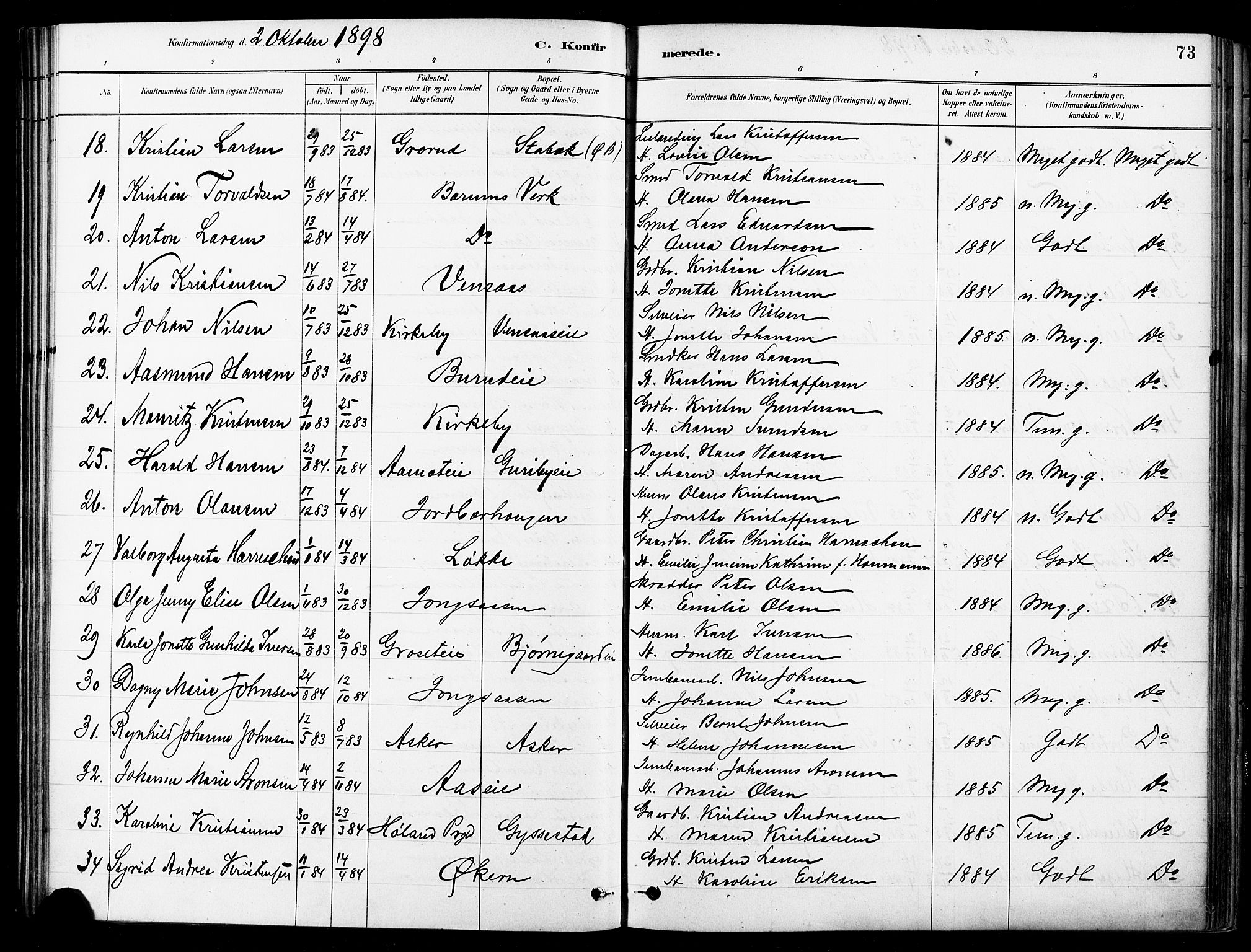 Asker prestekontor Kirkebøker, AV/SAO-A-10256a/F/Fb/L0002: Parish register (official) no. II 2, 1879-1921, p. 73
