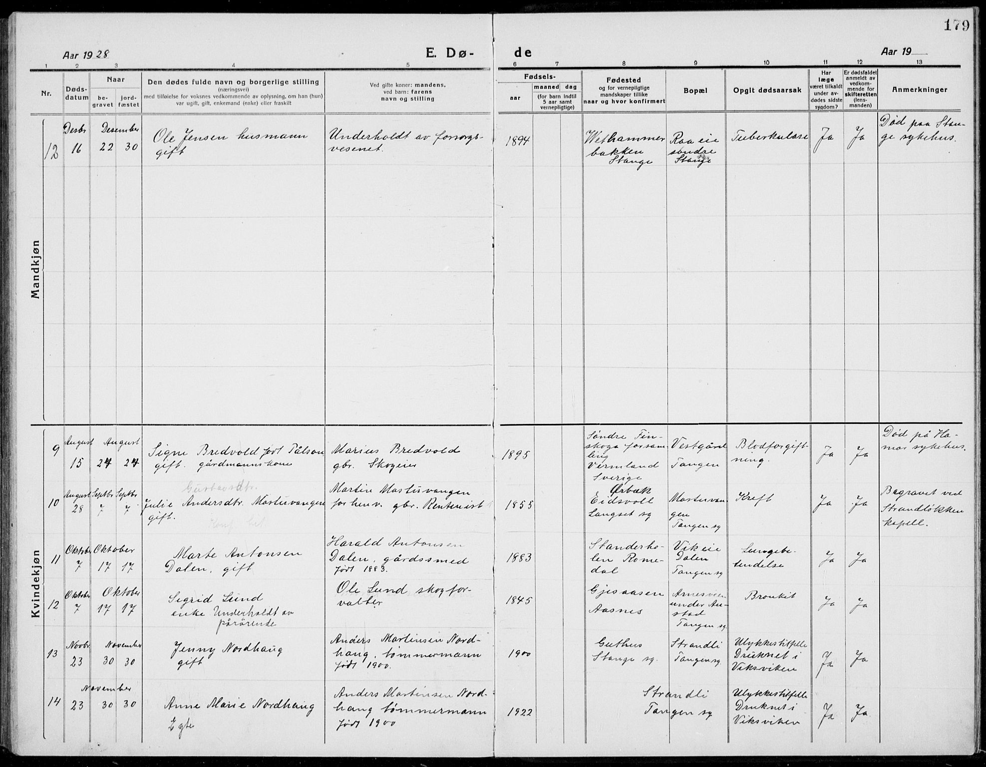 Stange prestekontor, AV/SAH-PREST-002/L/L0017: Parish register (copy) no. 17, 1918-1936, p. 179