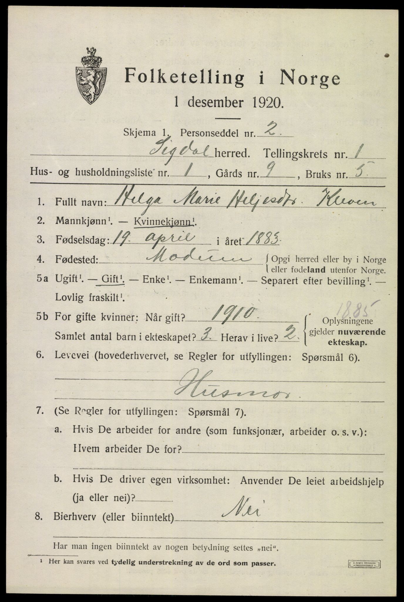 SAKO, 1920 census for Sigdal, 1920, p. 1492