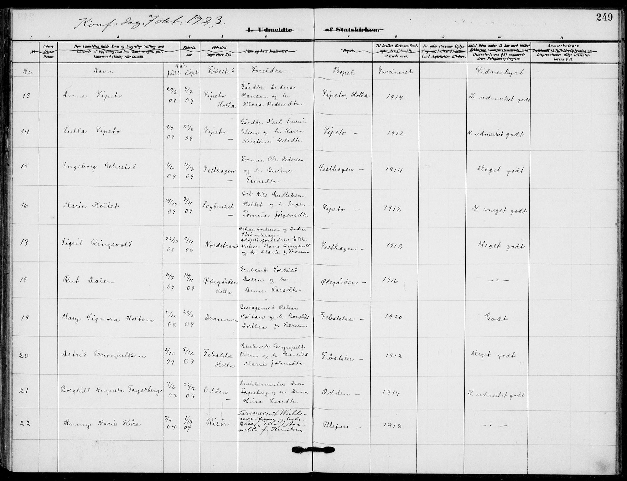 Holla kirkebøker, AV/SAKO-A-272/F/Fa/L0012: Parish register (official) no. 12, 1907-1923, p. 249