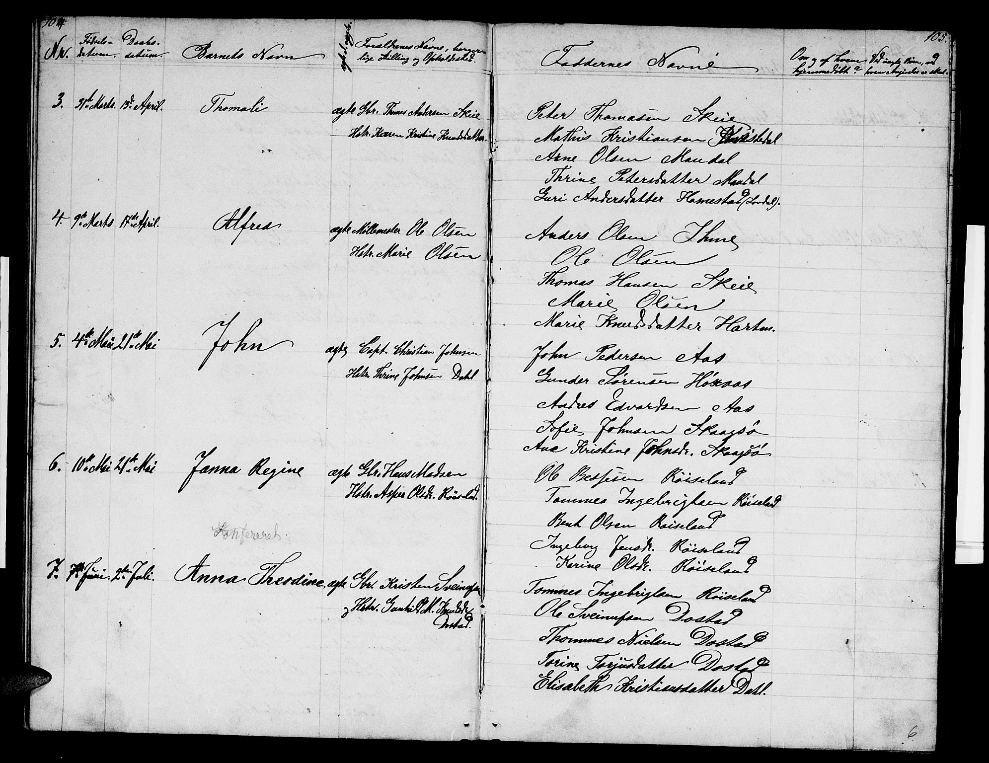 Mandal sokneprestkontor, AV/SAK-1111-0030/F/Fb/Fbb/L0003: Parish register (copy) no. B 3, 1848-1877, p. 104-105