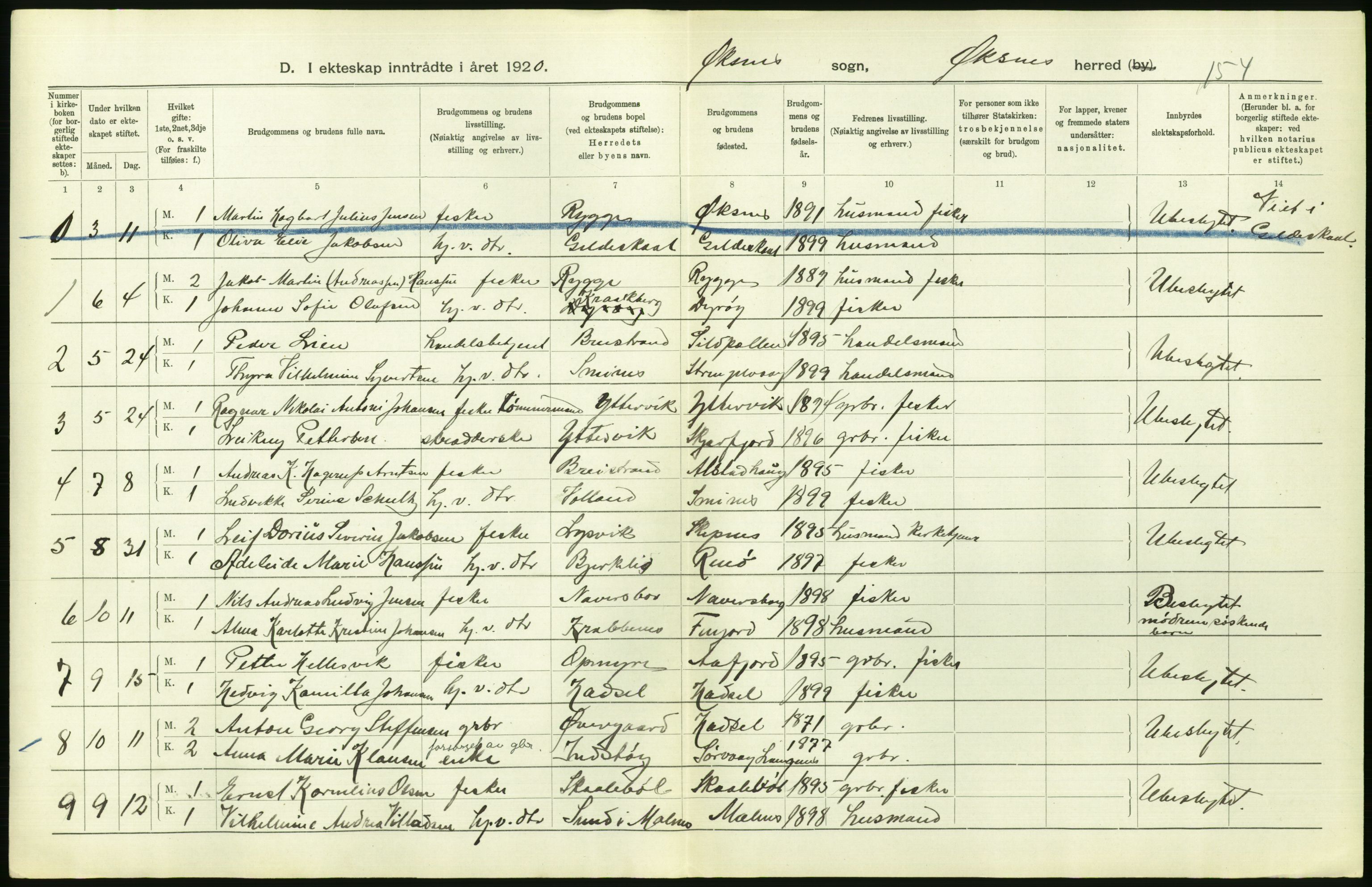 Statistisk sentralbyrå, Sosiodemografiske emner, Befolkning, AV/RA-S-2228/D/Df/Dfb/Dfbj/L0057: Nordland fylke: Gifte, dødfødte. Bygder og byer., 1920, p. 286