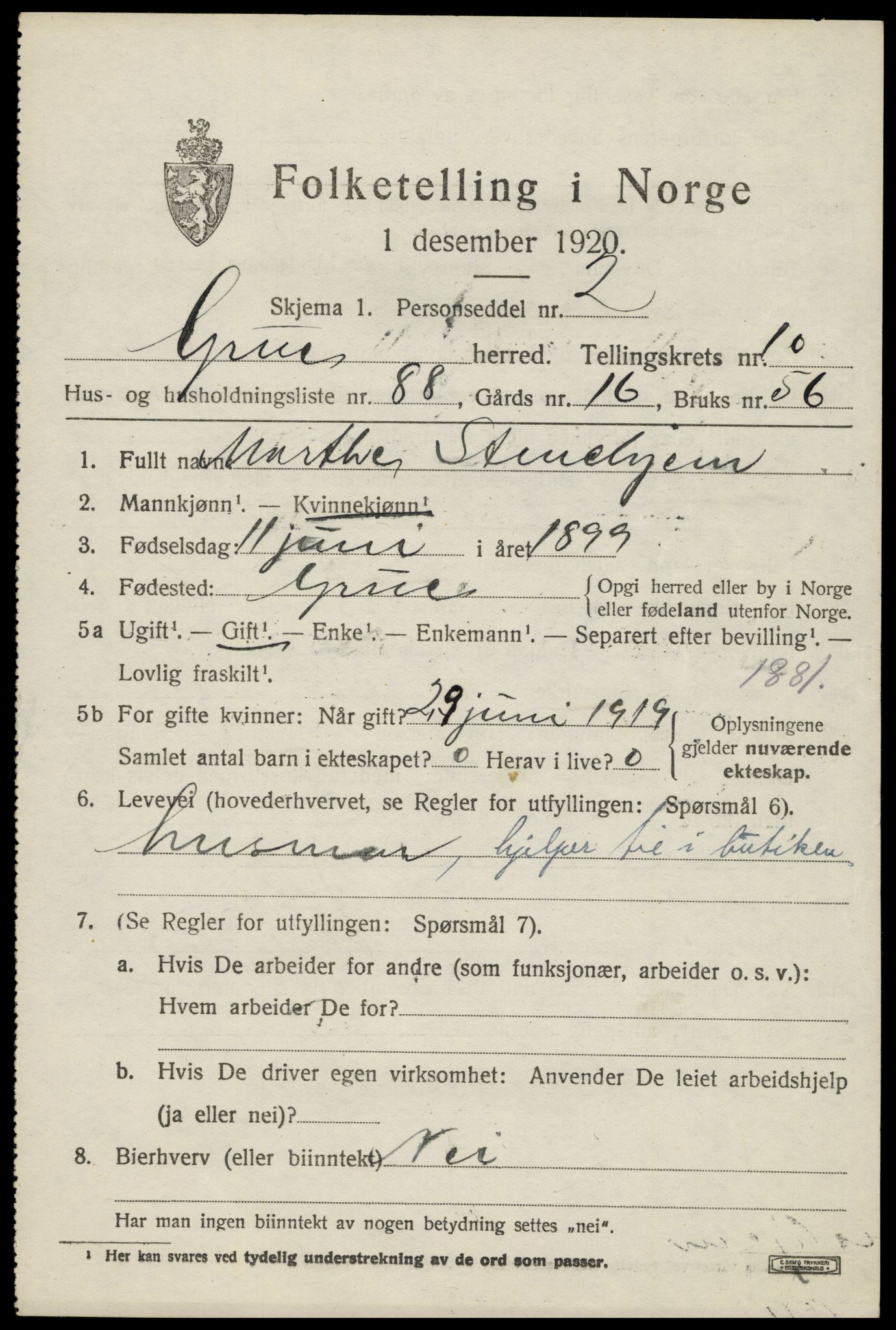 SAH, 1920 census for Grue, 1920, p. 9365