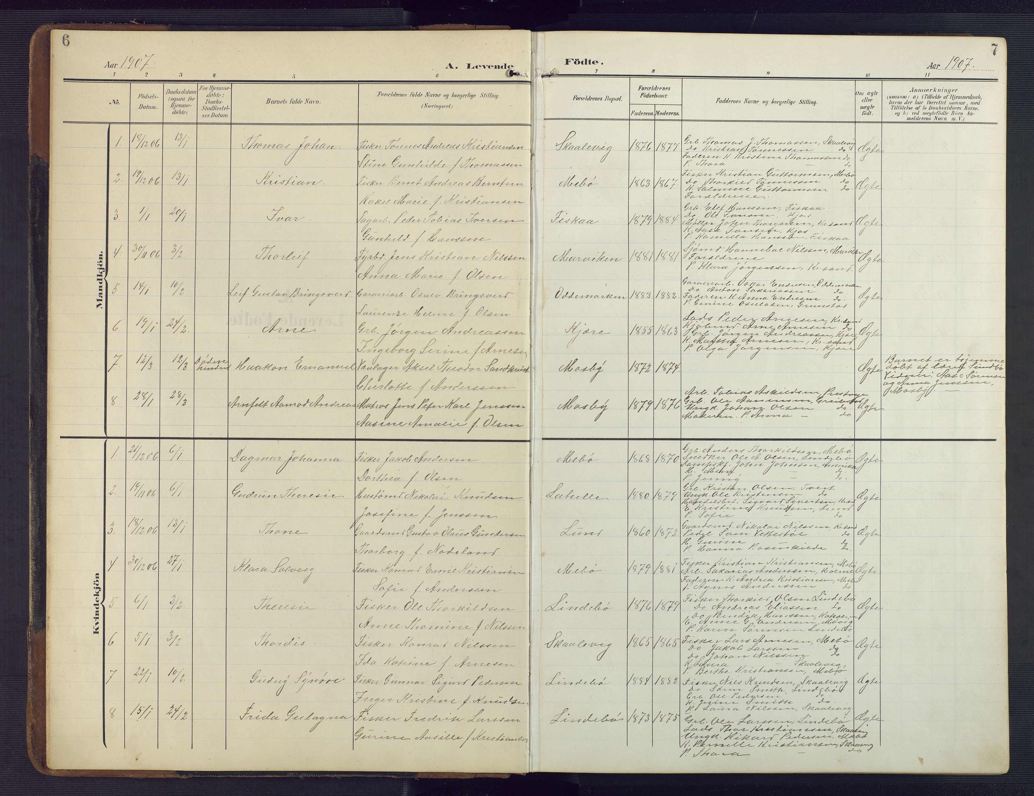 Oddernes sokneprestkontor, SAK/1111-0033/F/Fb/Fba/L0010: Parish register (copy) no. B 10, 1907-1941, p. 6-7