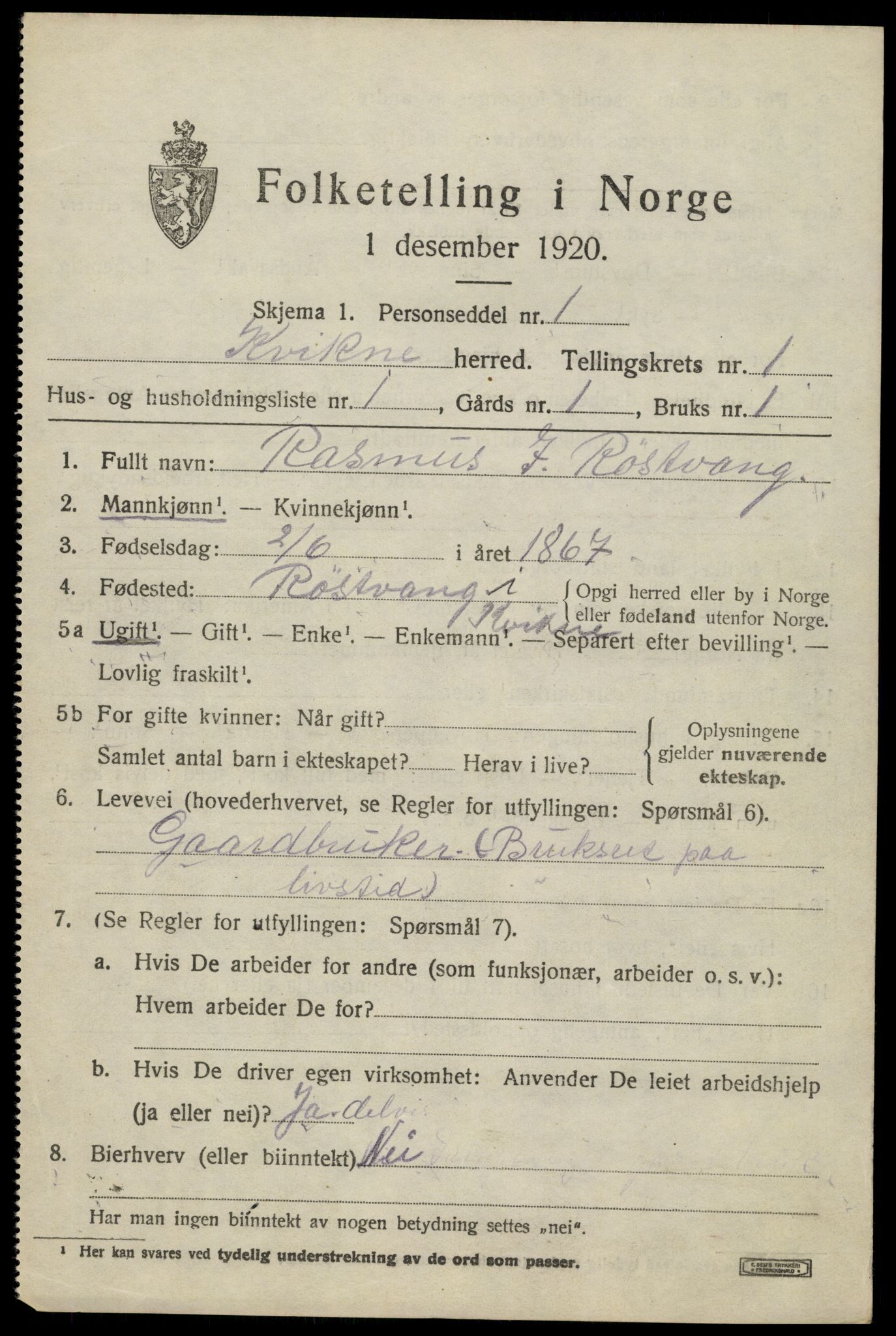 SAH, 1920 census for Kvikne, 1920, p. 584