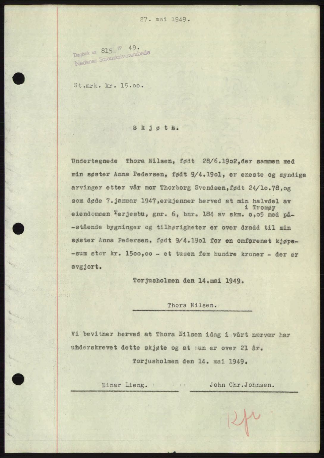 Nedenes sorenskriveri, SAK/1221-0006/G/Gb/Gba/L0060: Mortgage book no. A12, 1948-1949, Diary no: : 815/1949