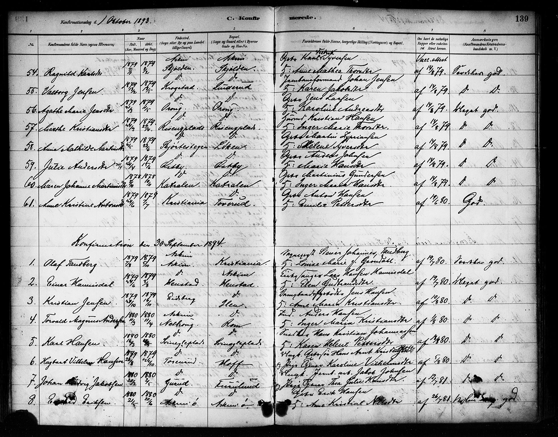 Askim prestekontor Kirkebøker, SAO/A-10900/F/Fa/L0007: Parish register (official) no. 7, 1882-1897, p. 139